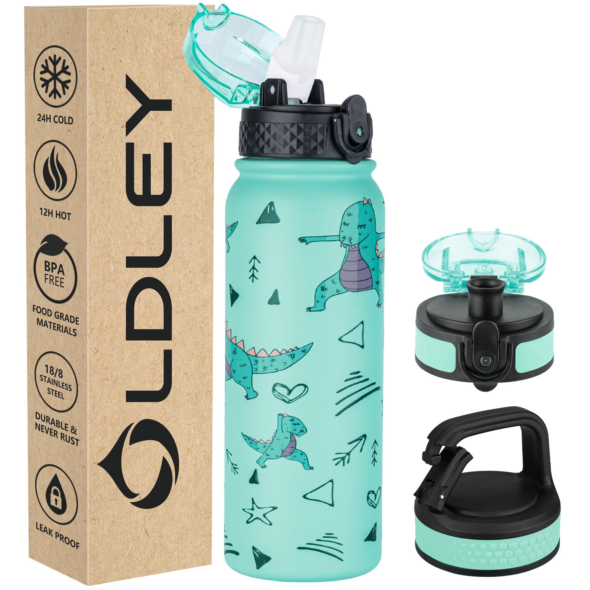 OLDLEY Insulated Water Bottle 20oz Water Bottles with Straw, Stainless Steel Water Bottle with 3 Lids, Double Wall Vacuum Bottles for Adult Kids, Sports Bottles for School Travel, Cute Dinosaur