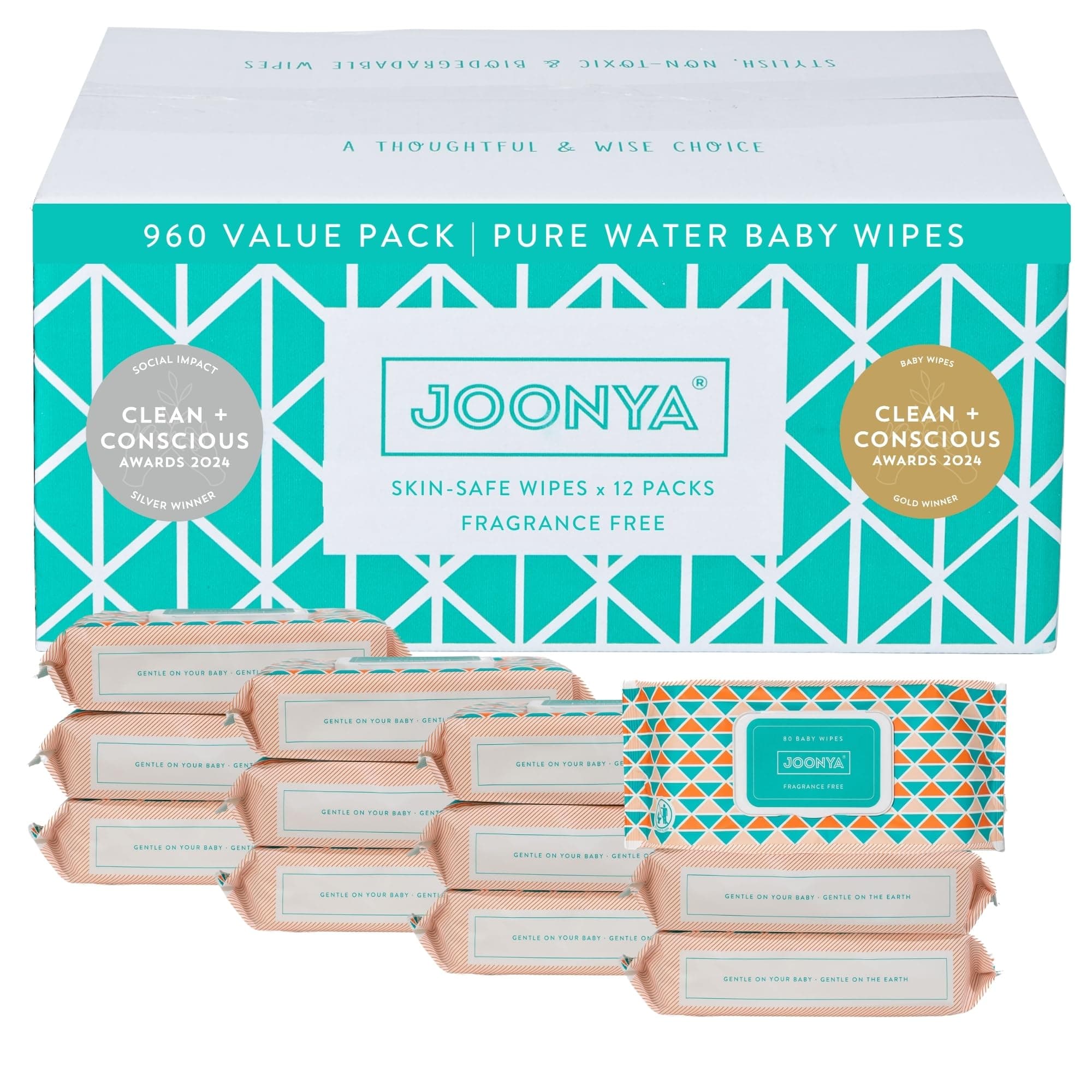 JOONYA Unscented Baby Wipes — Plant-Based, Fragrance-Free Bulk Diaper Wipes | Hypoallergenic, Non-Toxic & Biodegradable Wet Wipes for Sensitive Newborn Skin | 12 Packs of 80 (960 Total)