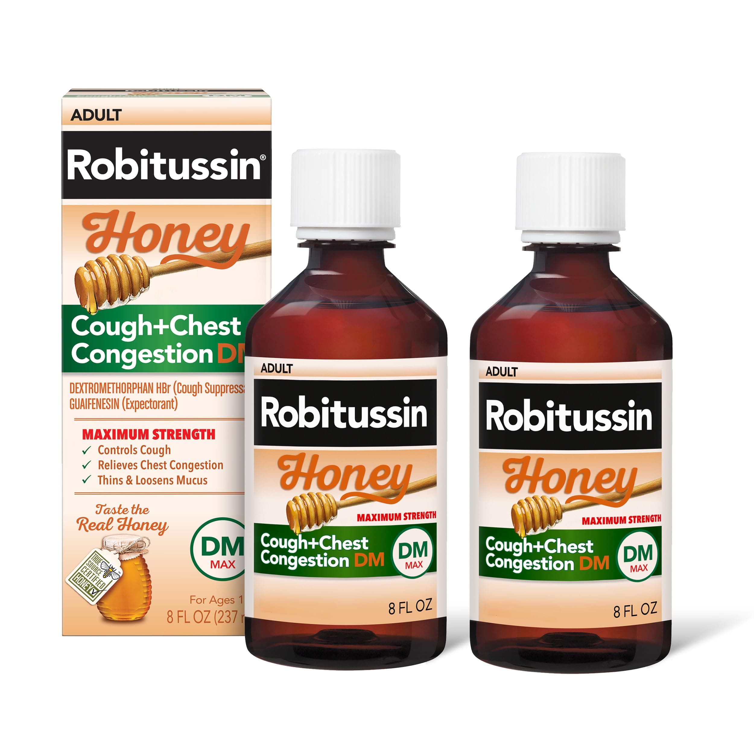 Robitussin Maximum Strength Honey Cough Plus Chest Congestion DM, Cough Medicine for Cough and Chest Congestion Relief Made with Real Honey for Flavor - 8 Fl Oz x 2