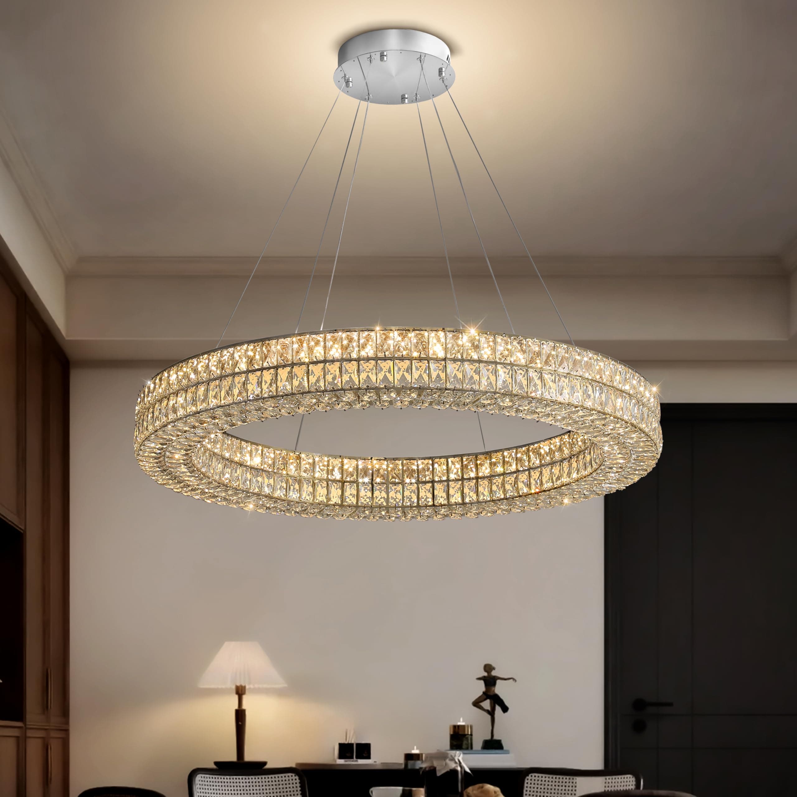 Modern Luxury Crystal Chandelier for Dining Room 32" LED Ring Pendant Light Adjustable Dimmable 2700k-6000k