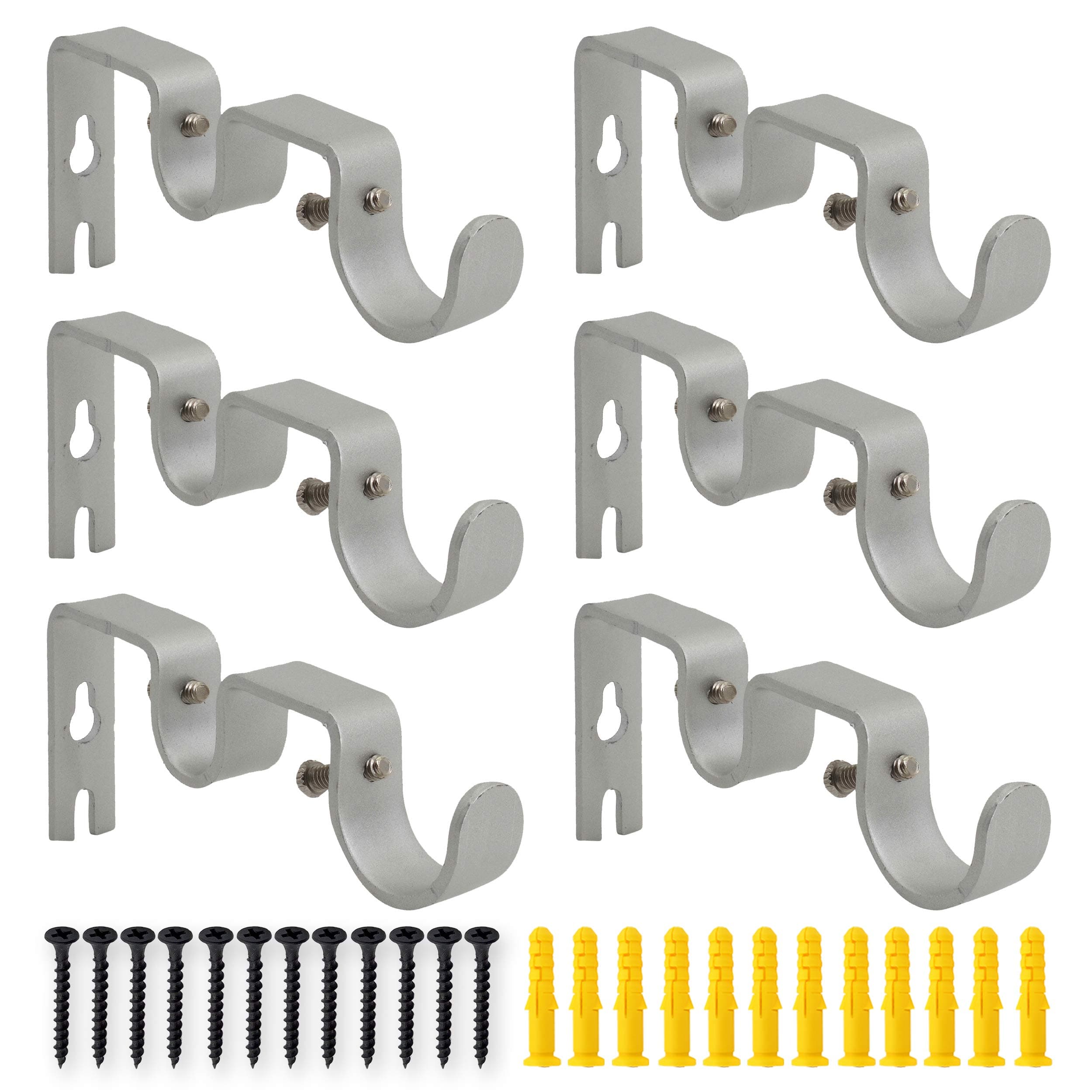 AddGrace 6 PCS Double Curtain Rod Bracket Heavy Duty Curtain Rod Holders for 1" and 5/8" Drapery Pole Adjustable Wall Mounted Drapery Pole Brackets for Living Room Bedroom Silver