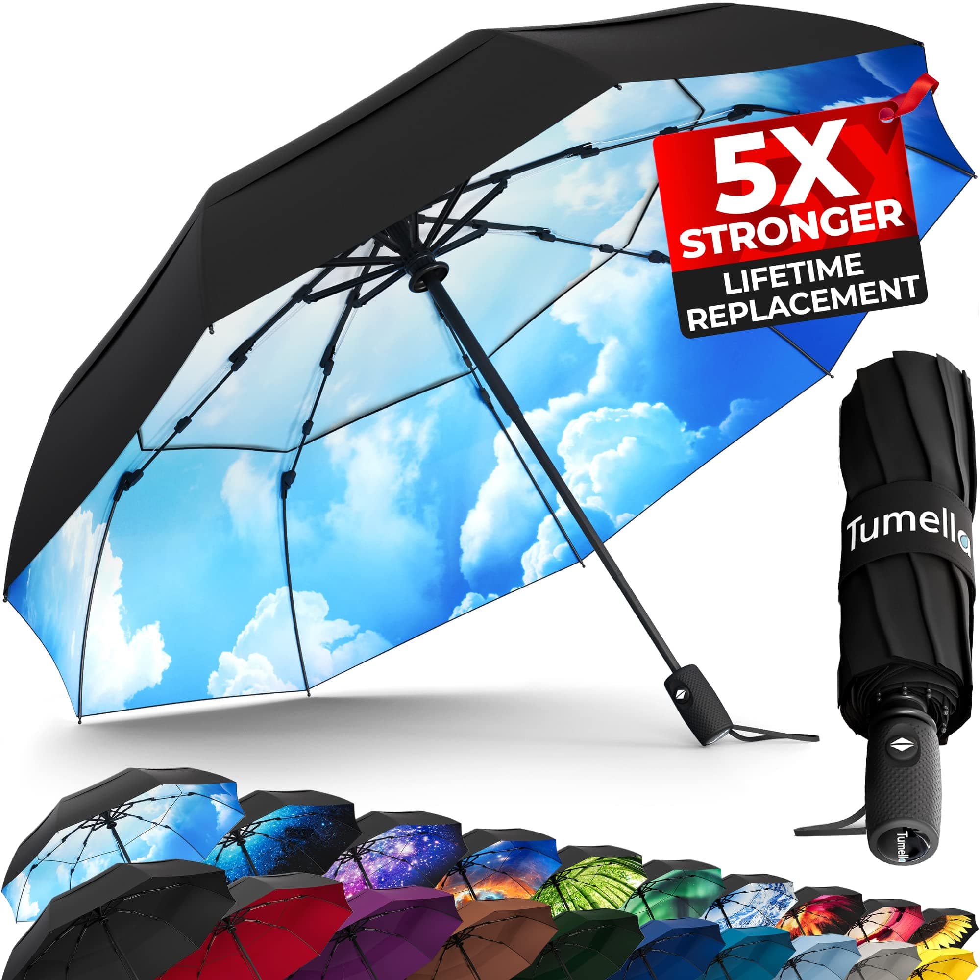 TUMELLA Strongest Windproof Travel Umbrella (Compact, Superior & Beautiful), Small, Wind-Tested, Light & Portable, Automatic Folding Rain Umbrella, Durable Premium Grip, Fits Car and Backpack