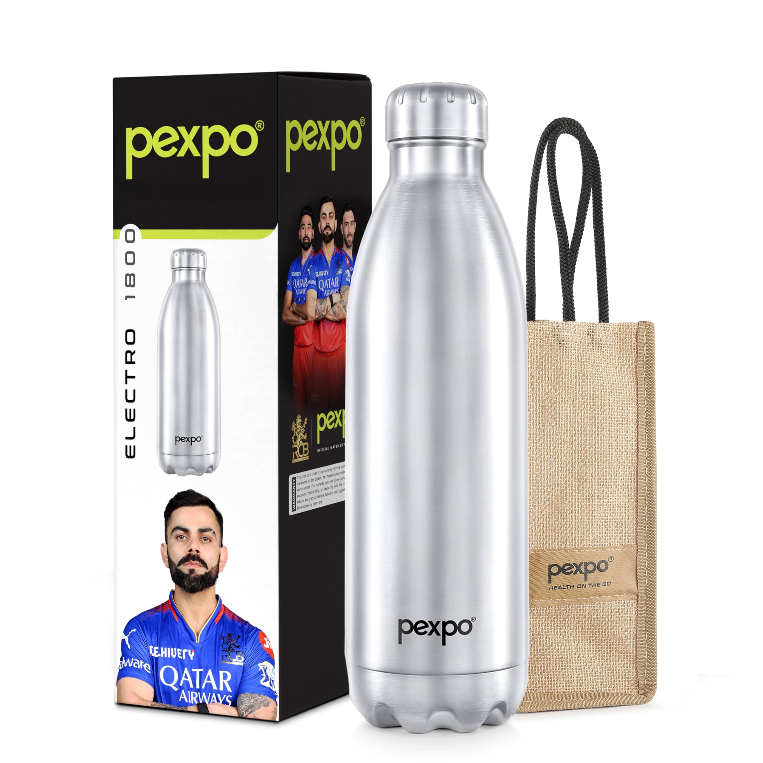 - PEXPO Electro 1800 ISI Certified Hot & Cold Flask with Jute Bag |2 Year Warranty| Stainless Steel Water Bottle- 1750ml, Silver | Ideal for Travelling, Home, Picnic, Outing | RCB Edition