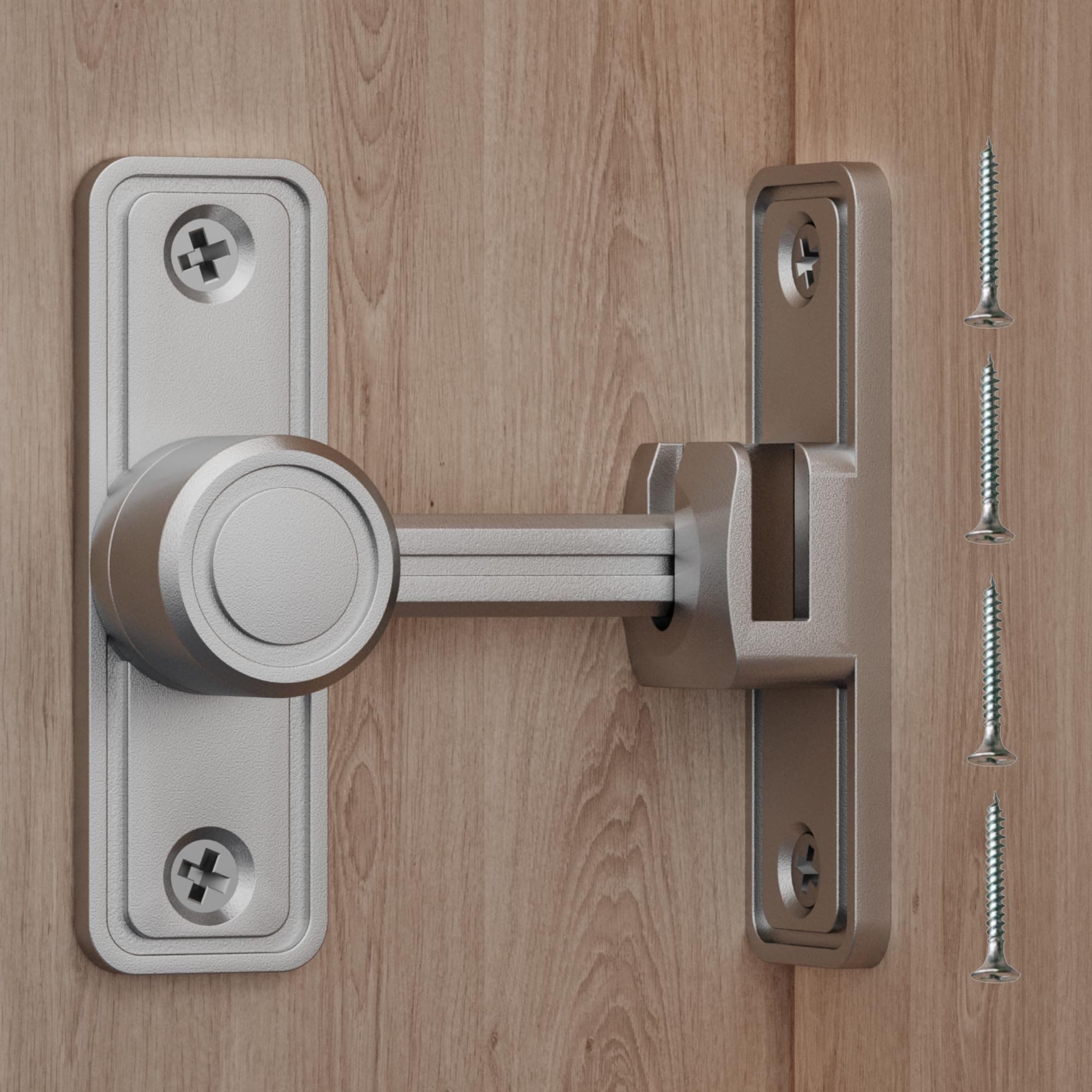 Barn Door Privacy Latch, 90°/180° Swing Slide Lock, Zinc-Alloy, Adhesive or Screw Mount, Interior Use for Bathroom/Bedroom/Closet/Shed, Includes Screws & Glue - Silver