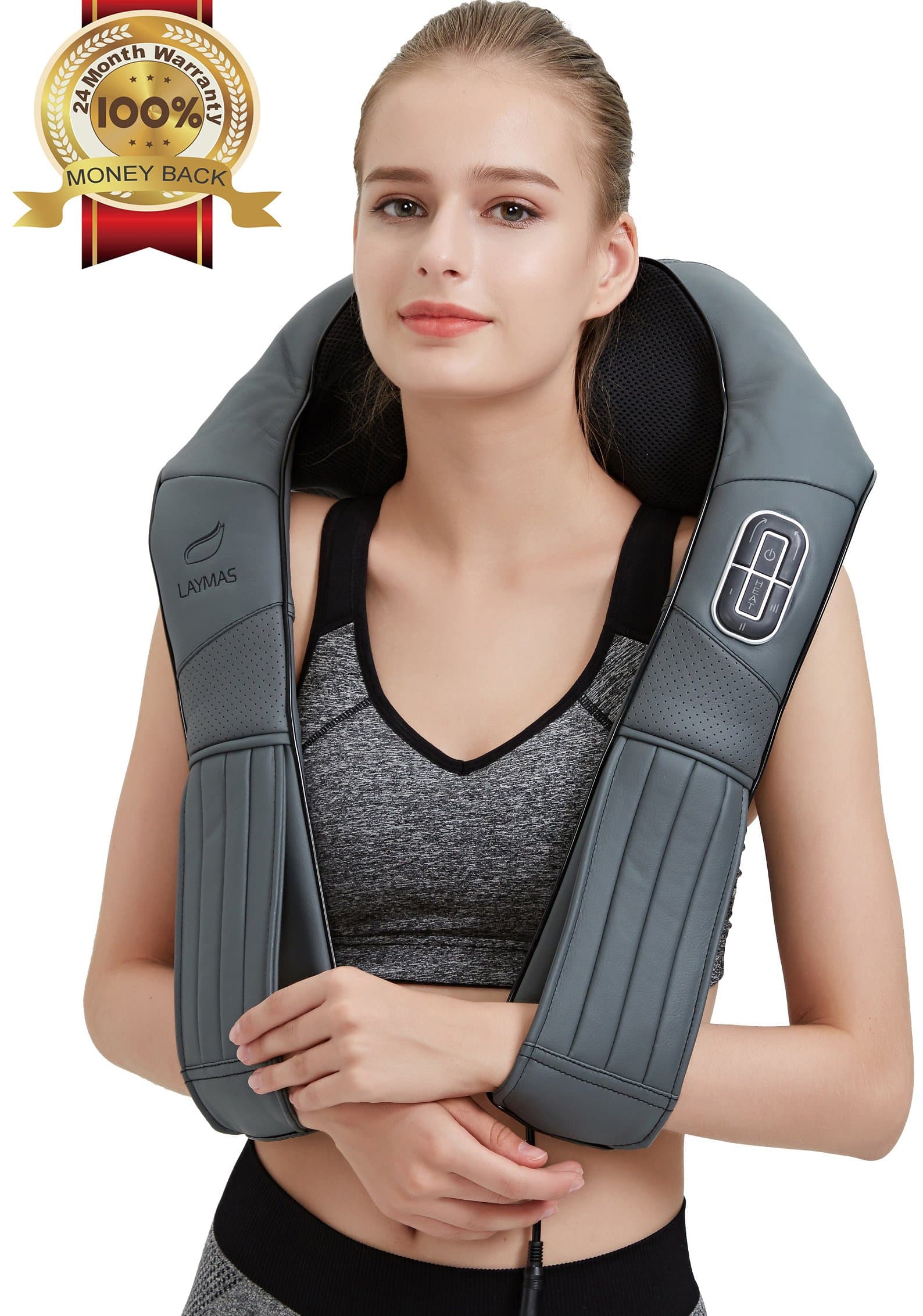 LAYMAS Shiatsu Neck Massager Electric Deep Kneading Shoulder Back Massager with Slight Heat and Timing Function Adjustable Intensity Home Office Car Use (Grey)