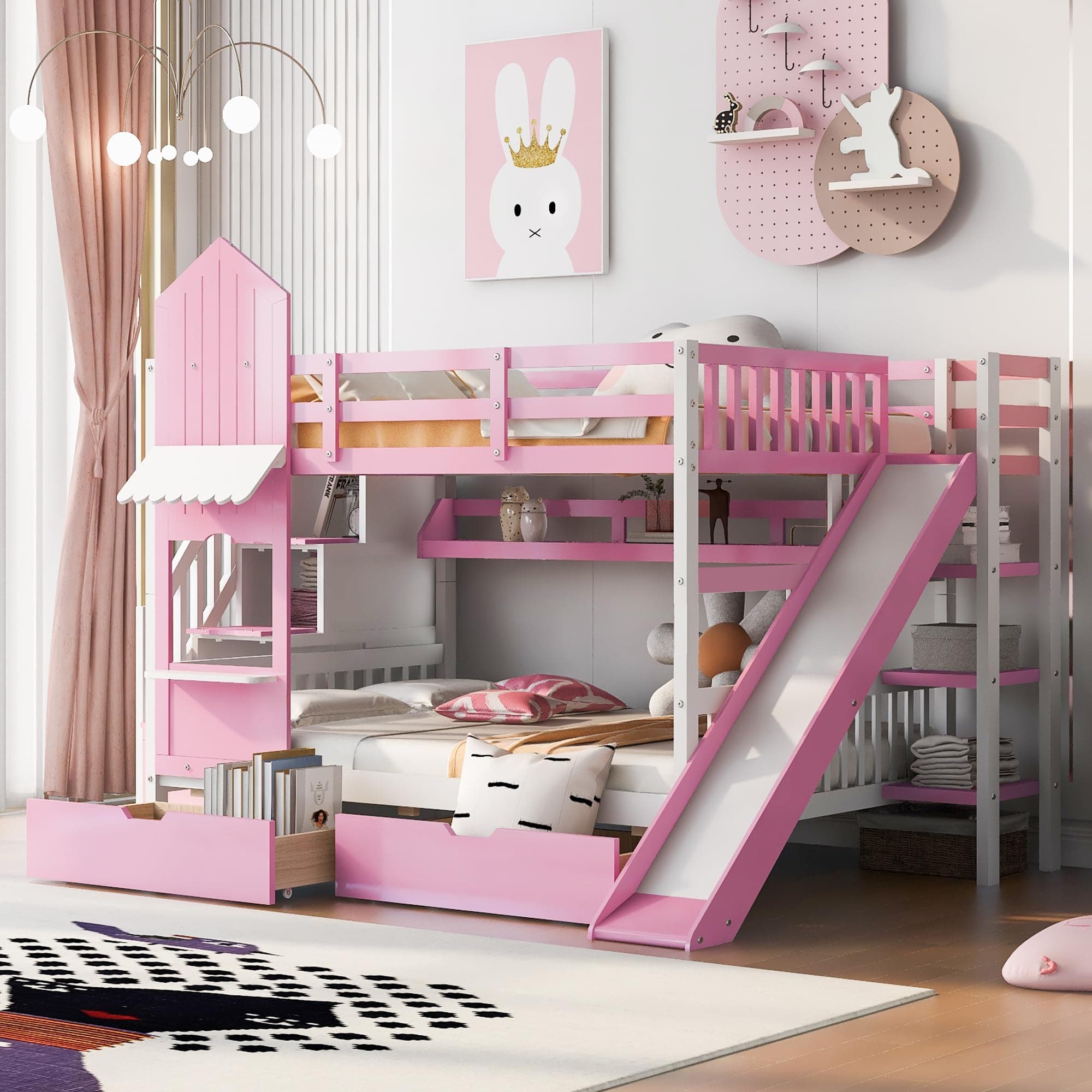 Full-Over-Full Bunk Bed, Castle Style Bunk Bed with 2 Drawers and 3 Shelves, Solid Wood Bunk Beds with Slide and Storage Staircase, Playhouse Low Bunk Bed for Kids Teens Boys Girls (Pink-O273)