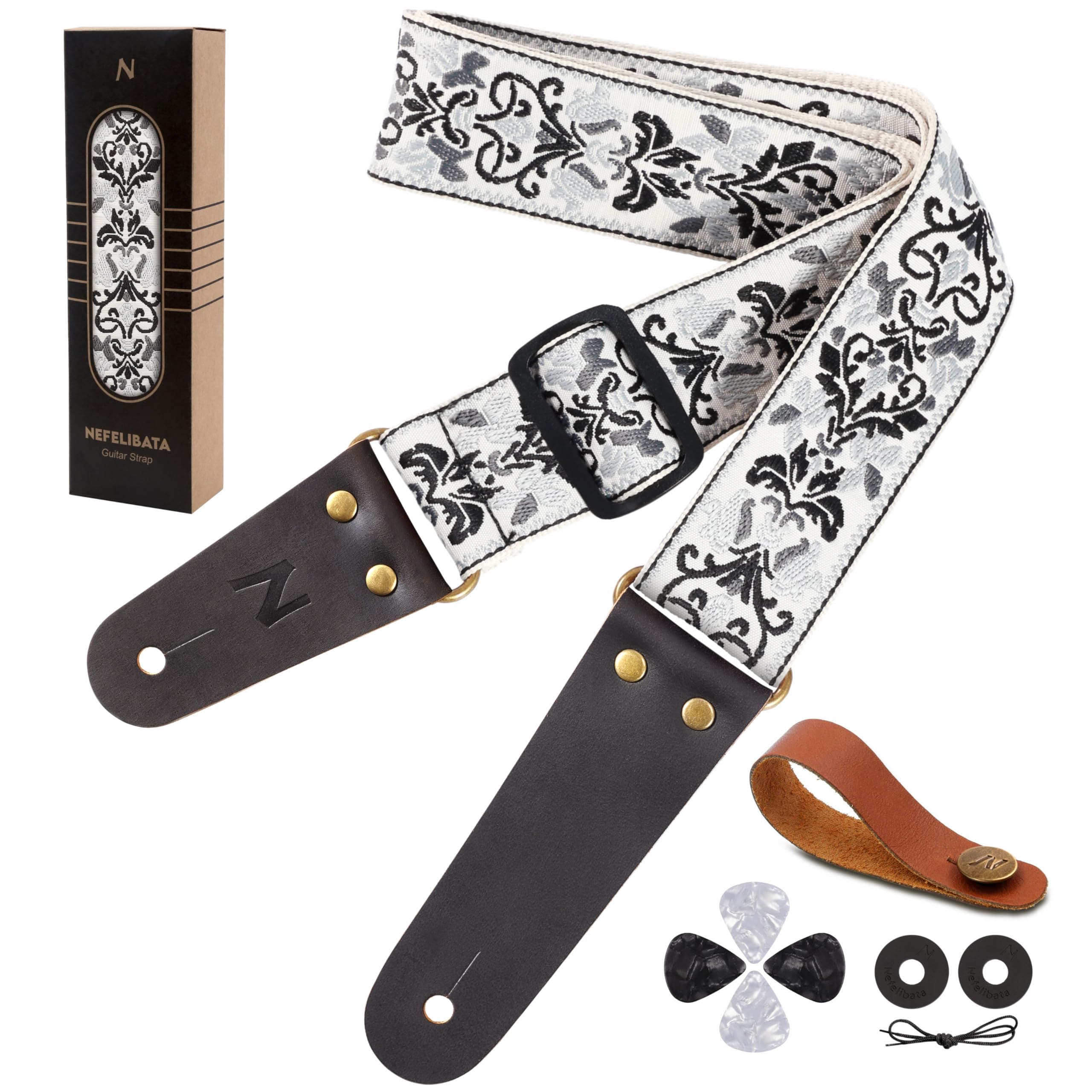 Nefelibata Guitar Strap, Embroidered Cotton Guitar Straps with Head Cowhide Leather Ends for Bass, Electric & Acoustic Guitar, with Strap Button, 1 Pair of Strap Locks and 4 Guitar Picks