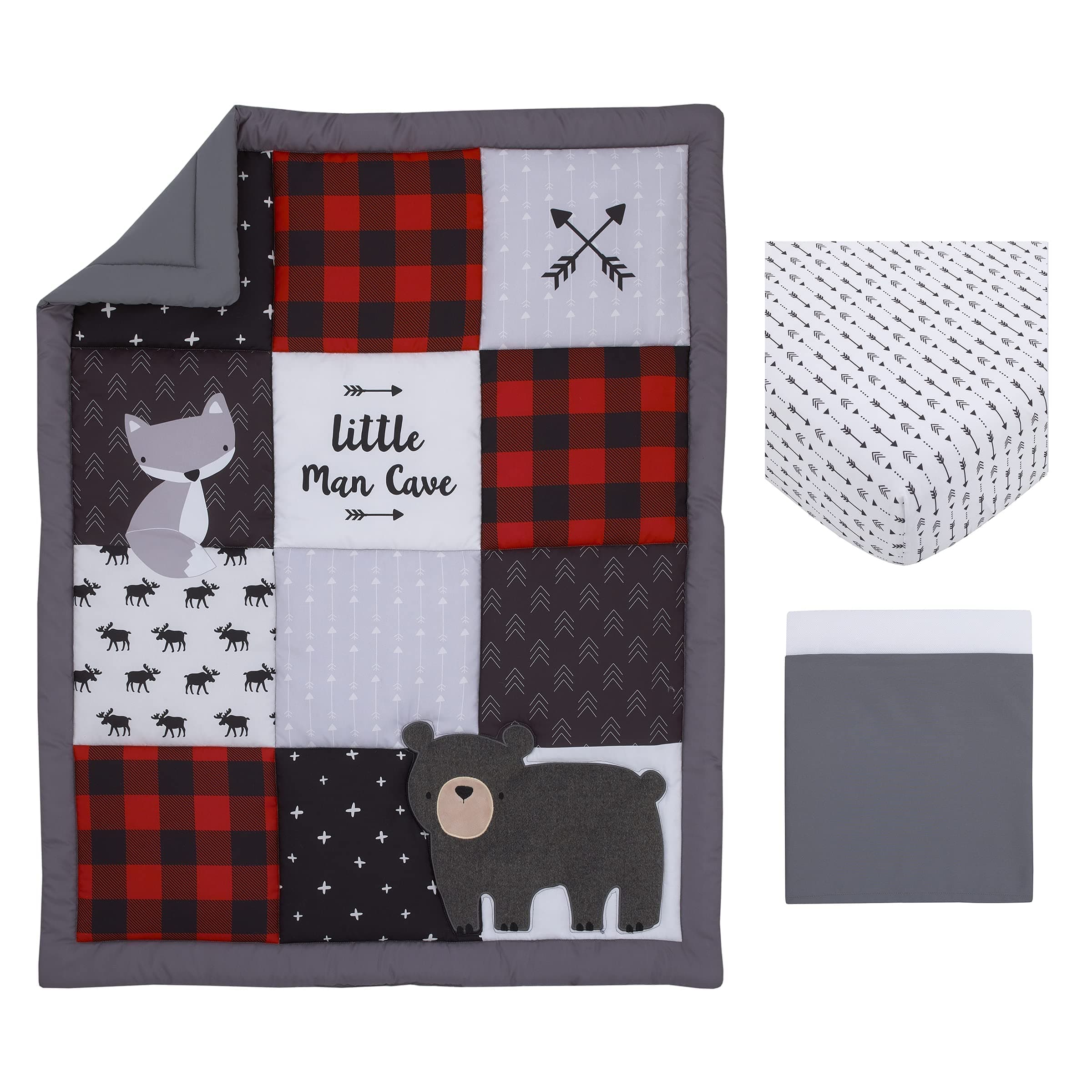 NoJo Little Man Cave Grey, Red, Black & Ivory, Bear, Fox, Moose, Buffalo Check & Arrows Rustic 3Piece Nursery Crib Bedding Set - Comforter, Fitted Crib Sheet & Crib Skirt, Grey, Red, Black, Ivory