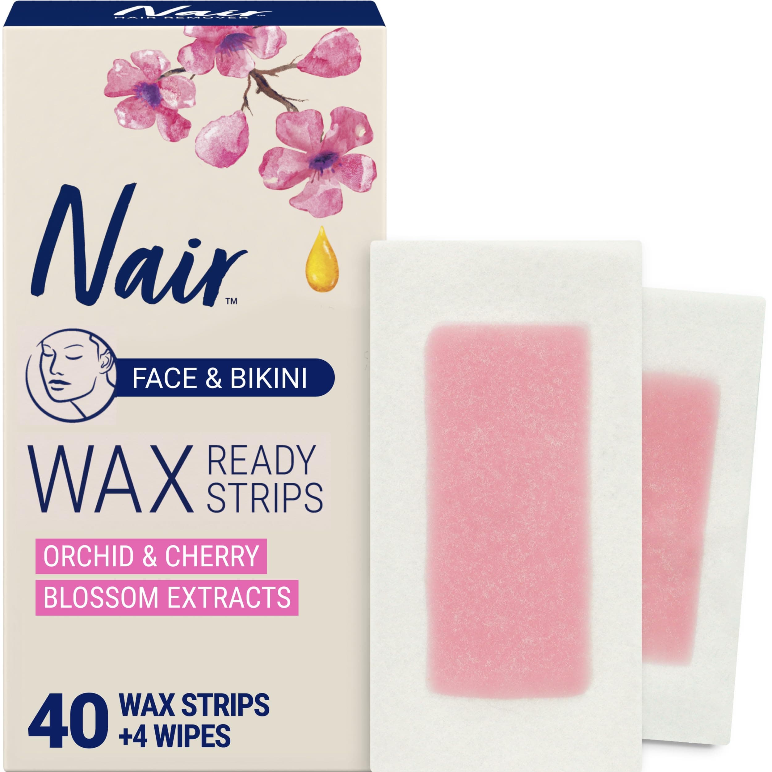 Nair Hair Remover Wax Ready Strips, Face and Bikini Hair Removal Wax Strips, Orchid and Cherry Blossom Extracts, Dermatologist Tested, Plus 4 Post Wipes, 40 Count
