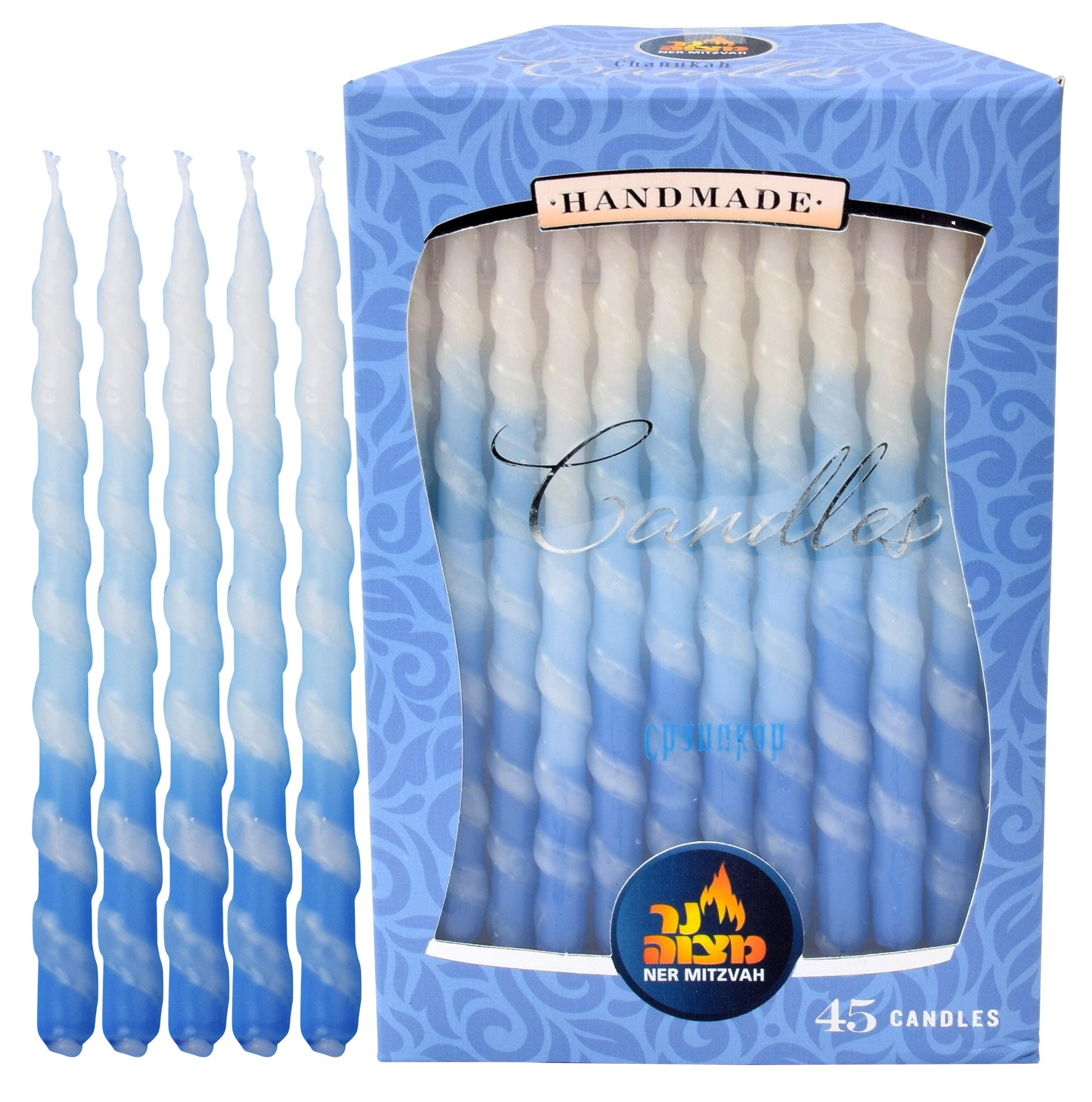 Ner Mitzvah Hanukkah Candles, Blue and White Spiral Dripless Chanukah Candle, Premium Quality Wax, 45 Candles for All 8 Nights