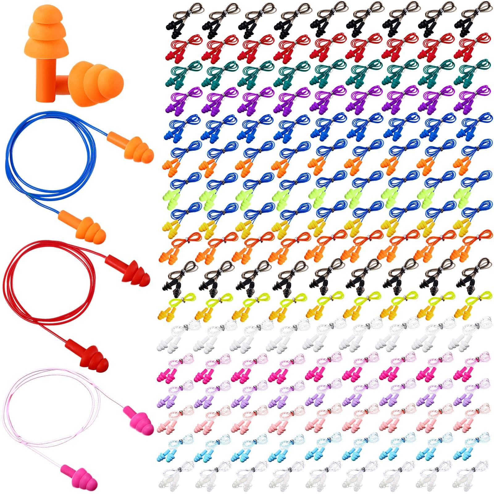 TrelaCo 170 Pairs Corded Ear Plugs Bulk Soft Reusable Earplugs Noise Reduction Earplugs with String Hearing Protection Ear Plugs with Cord for Sleeping Swimming Noise Canceling(Colorful)