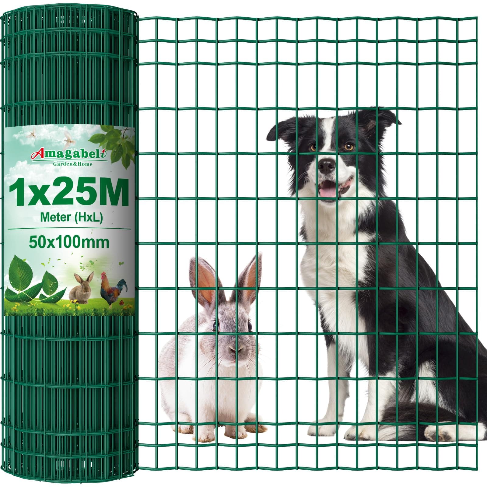 Amagabeli Garden Home 1M X 25M Green Wire Mesh Fencing RAL6005 PVC Coated 50 x 100mm Mesh Size 2.1mm Wire Diameter Galvanized Wire Fence Poultry Netting Chicken Wire Hardware Cloth