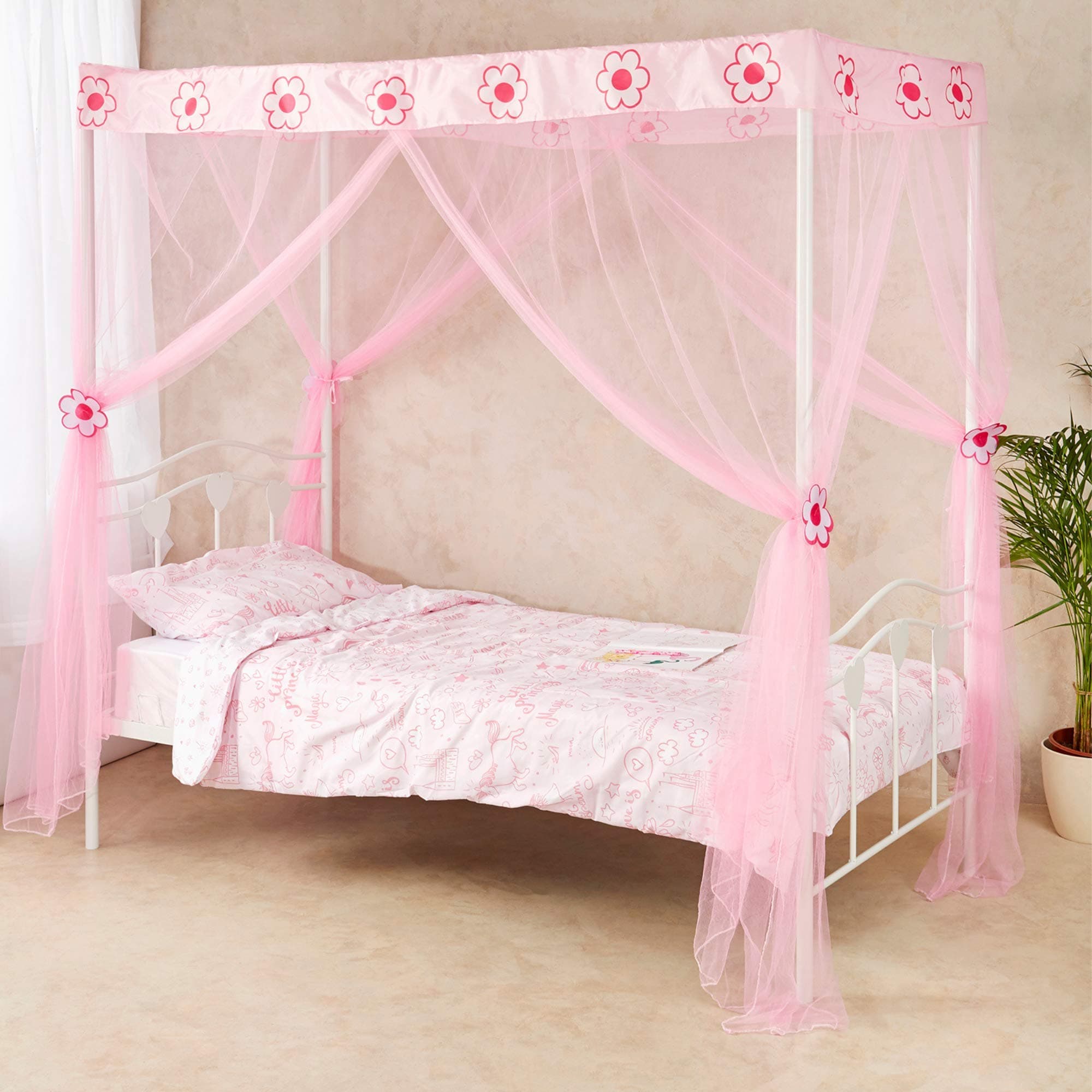 Wremedies for easier living Girls Princess Pink Bed Canopy 4 Poster Style Bed Netting with Flowers Twin Bed Mosquito Easy Installation Net Box Set
