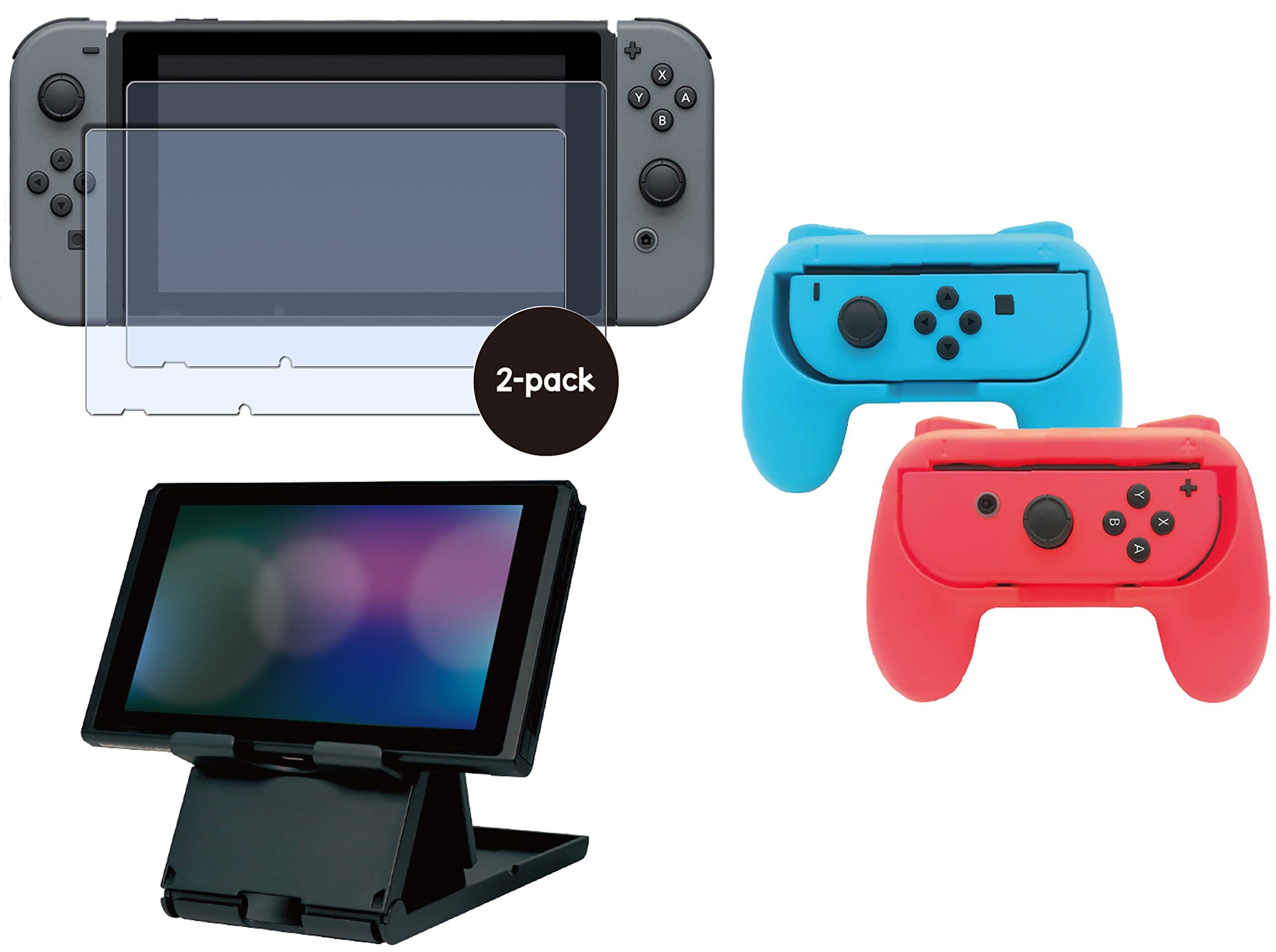 5-Piece Switch Accessories Bundle compatible for Nintendo - Tempered Glass Screen Protector(2-Pack), Joy-Con Grips(Red and Blue), and Slim Folding Multi Angle Stand