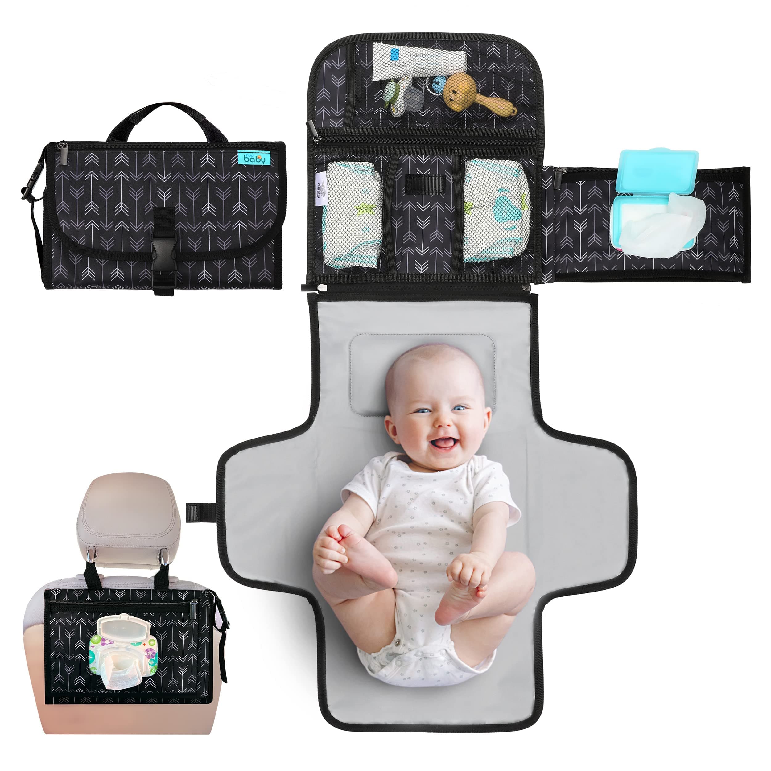 Portable Diaper Changing Pad-Baby Diaper Changer Travel Bag with Wipes Pocket, Smart Design Portable Changing Mat, Infant Travel Station Kit, Gift for Newborn Girl & Boy-Black Arrows,Premium