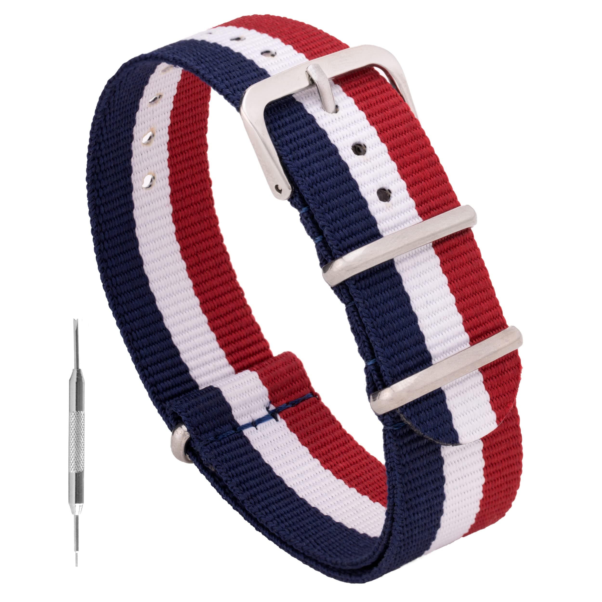 Benchmark Straps NATO腕時計バンド 18/20/22mm スプリングバー用ツール マルチカラー 22mm Red, White & Navy