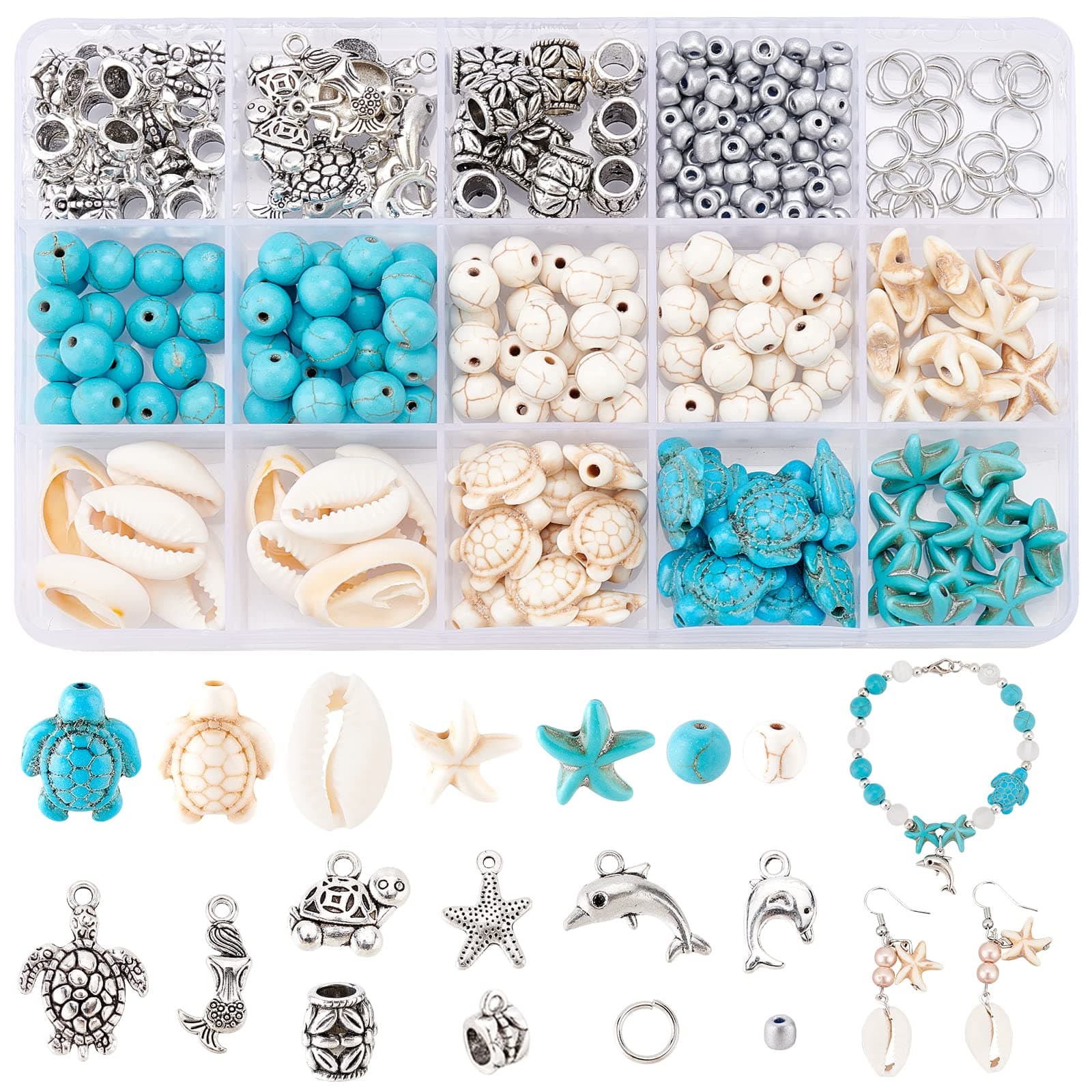 PH PandaHall 292pcs Turquoise Jewelry Making, Starfish Mermaid Turtle Charms Beads Summer Beach Beads Charms Alloy Sea Pendants for Gift Necklace Earring Bracelet Anklet Craft Jewelry Making