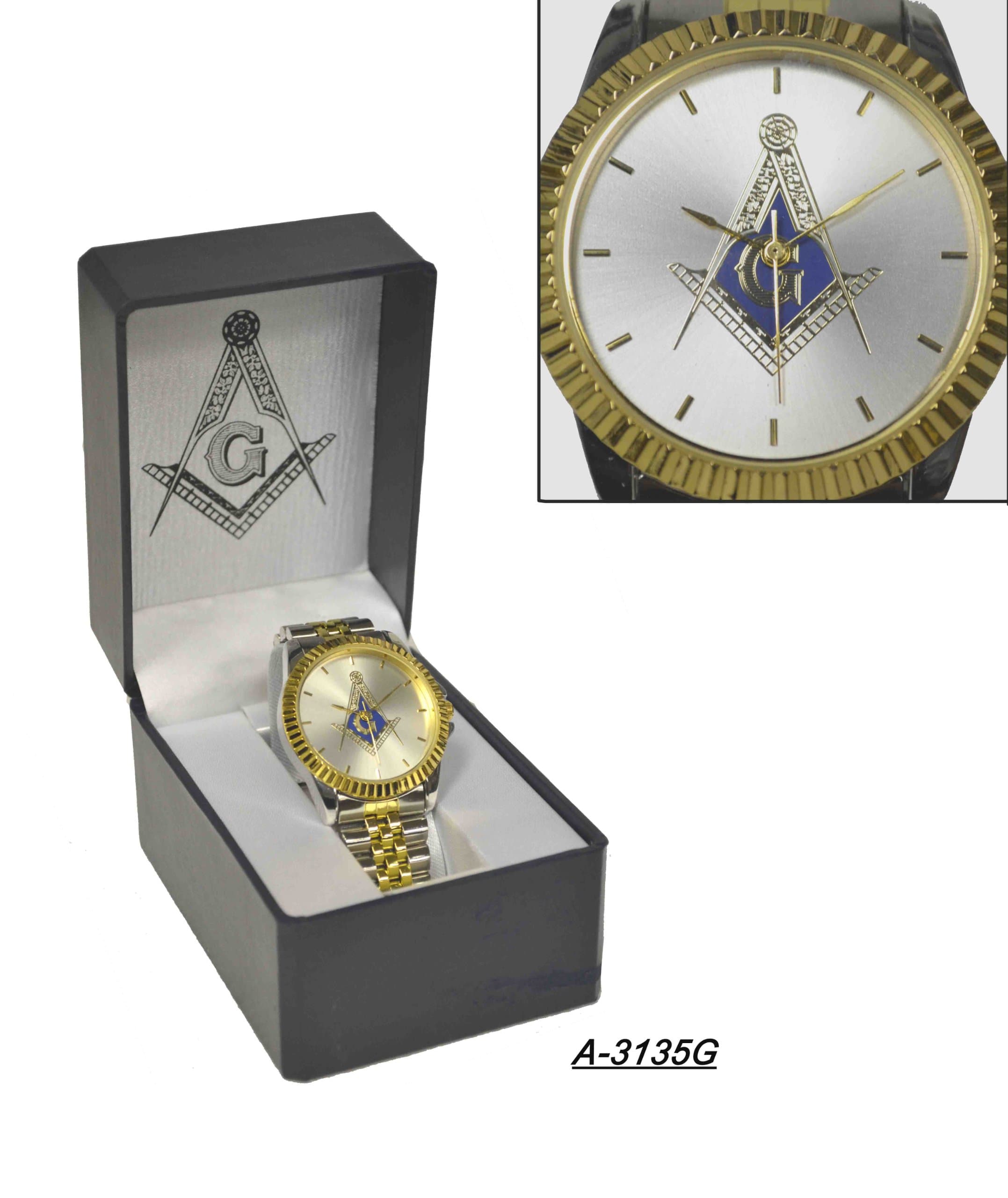 Masonic Two Toned Stainless Steel Wristwatch Foundation Symbol of Freemasons