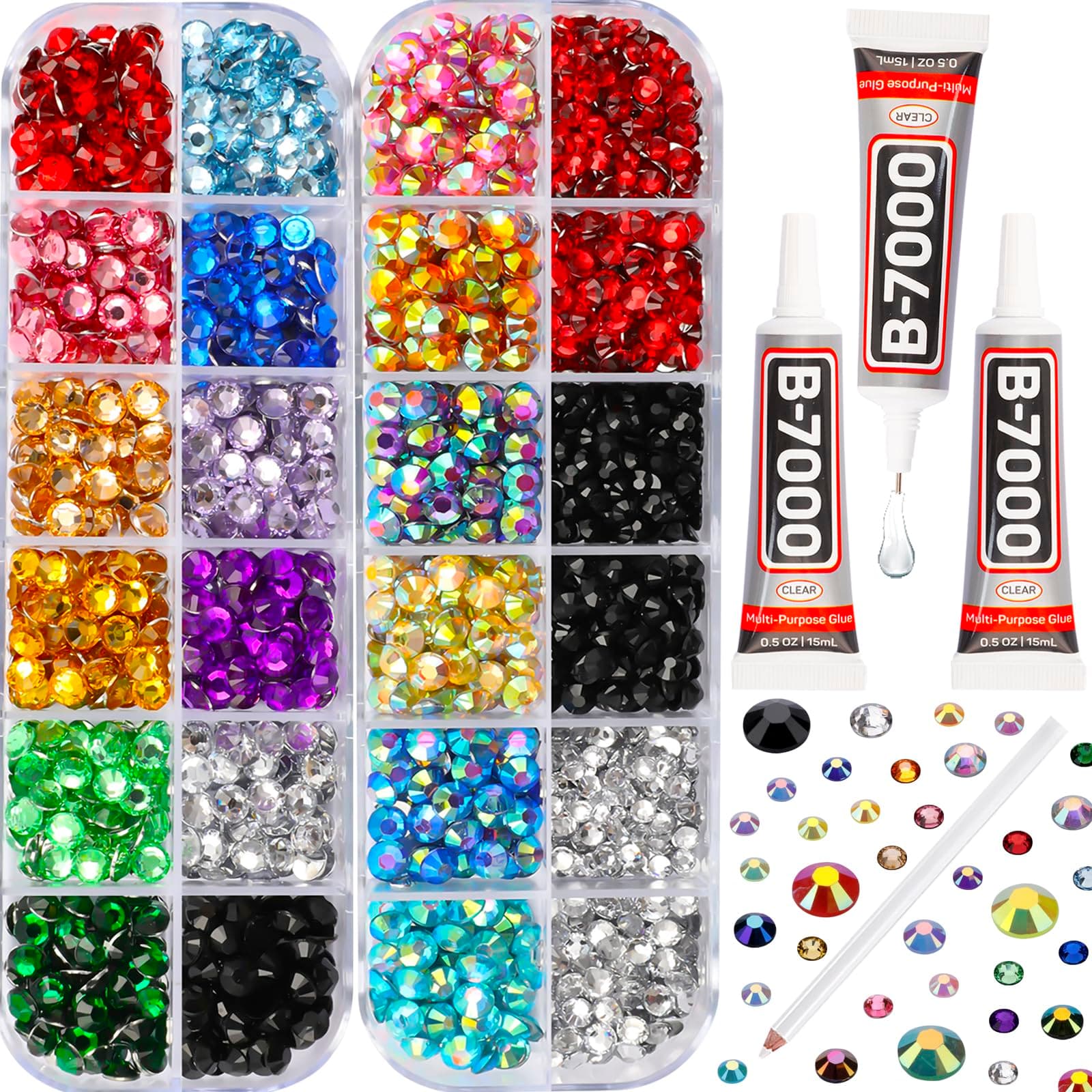 b7000 Glue with 11000Pcs Multicolored Rhinestones Flatback for Crafts Clothing Clothes Fabric Crafting Tumblers, Bedazzler Kit with Assorted Multi Colorful Gems Rainbow Colored Flat Back Crystal 2-5mm
