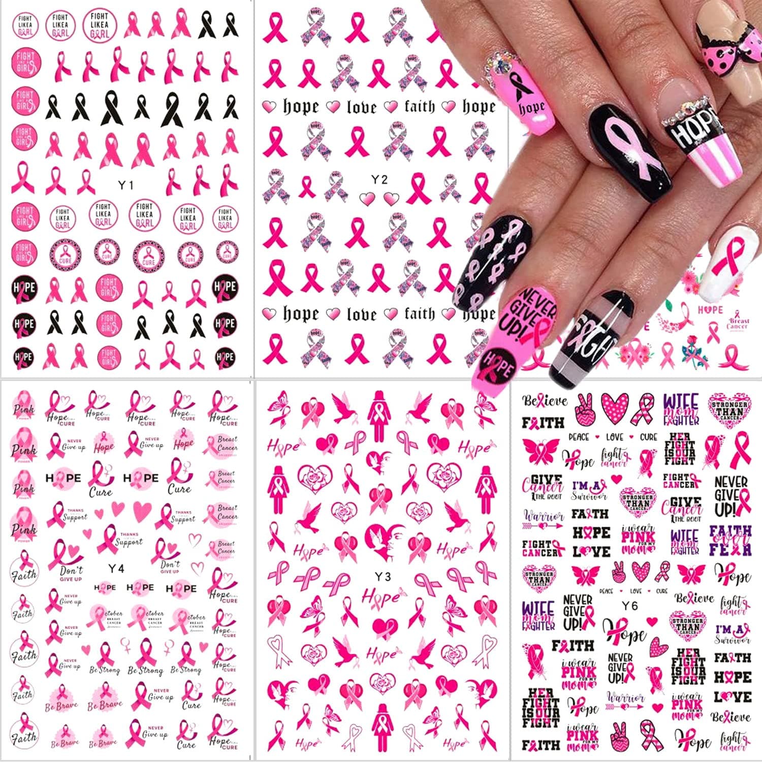 6 Sheets Breast Cancer Nail Art Stickers 3D Nail Decals Self-Adhesive Nail Art Supplies Pink Ribbon Heart Letter Design Nail Charms Breast Cancer Awareness Nail Decorations for Women DIY Manicure Tips