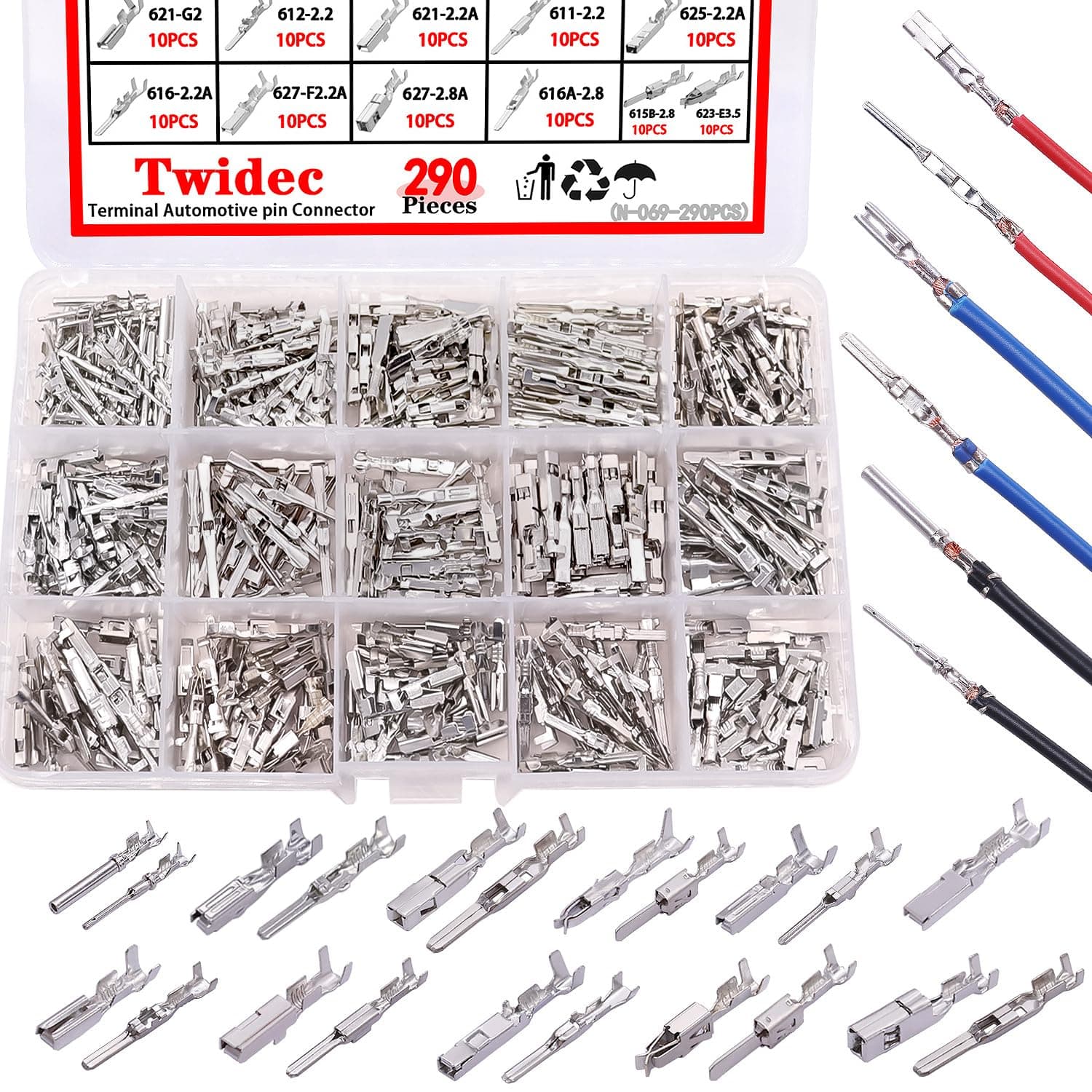 Twidec/290PCS Car Electrical Wire Terminal Pins Connector 1/1.5/1.8/2.2/2.8/3.5mm 21Type Connector Pins Terminal Auto Electric Connector Non-Insulated Plug Removal Male Female Crimp Pins