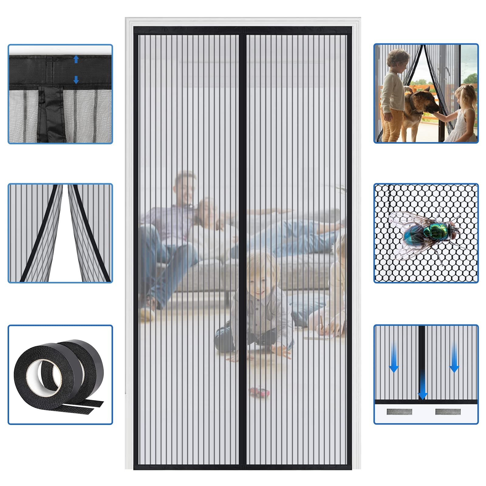 Reinforced Widen Magnetic Screen Door - 39×82 Inches Heavy Duty Hands Free Full Frame Hook&Loop Screen Door (Black)