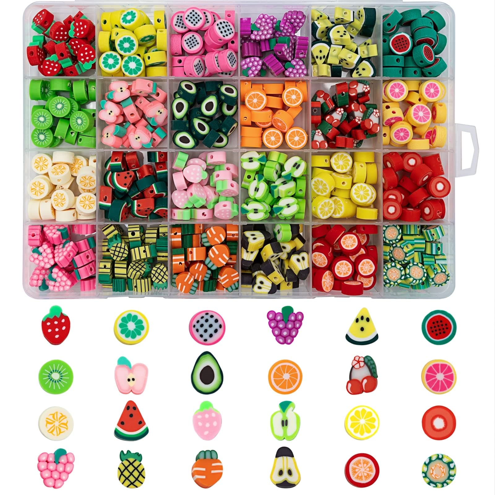 480pcs Fruit Polymer Clay Beads for Bracelet Making, 24 Style Cute Fruit Beads Charms for Jewelry Necklace Earring Making DIY Crafts for Women Girls