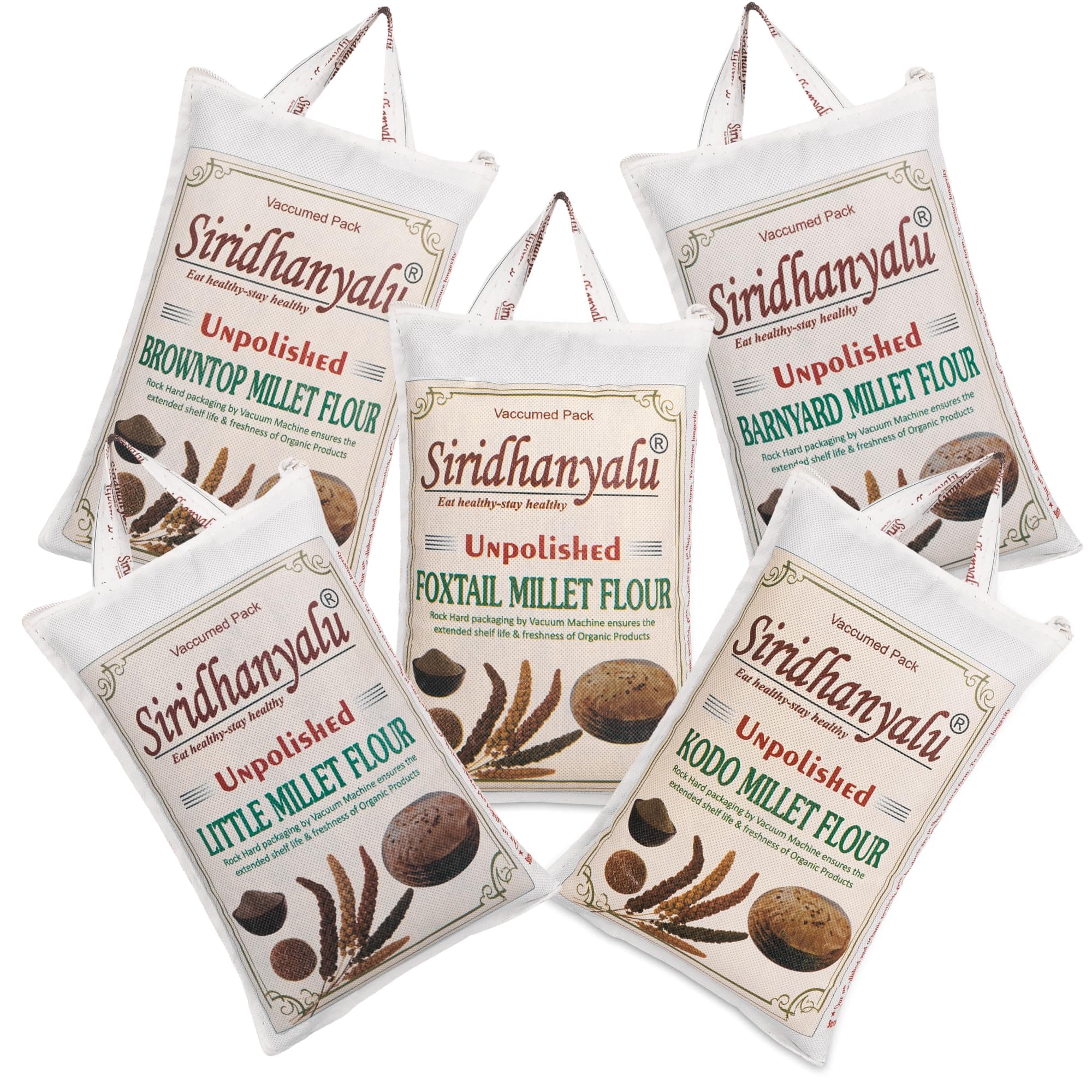 SIRIDHANYALU Unpolished & Organic Millet Flour Combo - Kodo, Little, Foxtail, Browntop, Barnyard Millets Atta (Powder) Pack Of 5 Nwt. (2700) Gwt. 3000 Gm New Tech Rock-Hard Vacuumed Pack