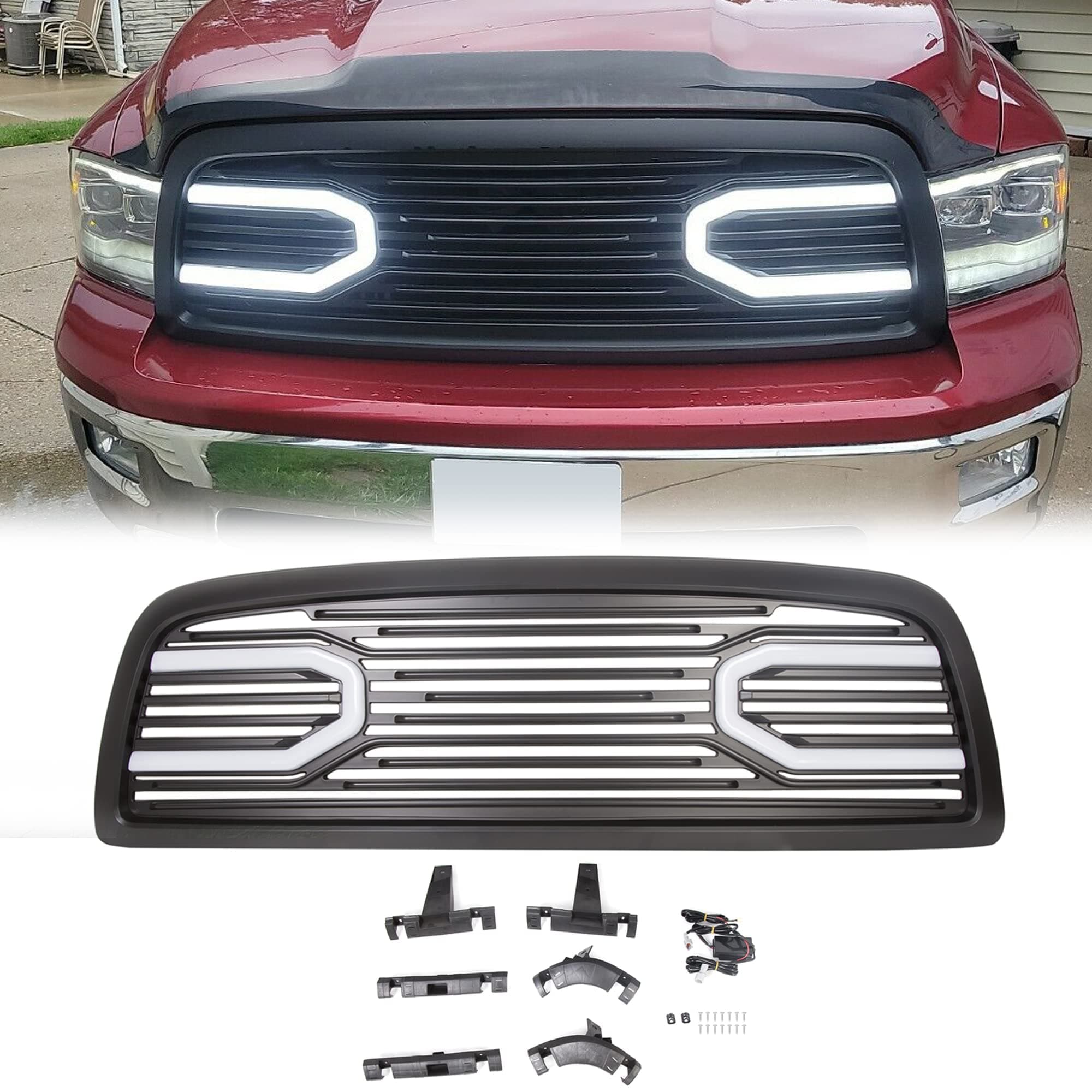ECOTRIC Front Bumper Grill Compatible with 2009-2012 Dodge Ram 1500 Hood Grille Replacement Shell (Black, W/Light)