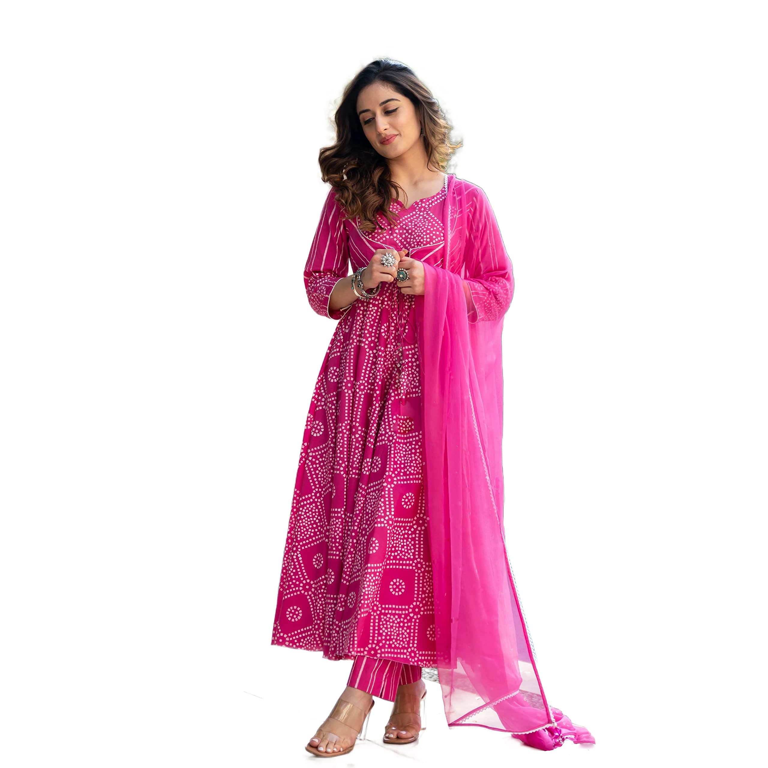 Royal ExportWomen's Bandhni Print Cotton Kurti Pants Set with Dupatta | Kurta Sets | Anarkali Gown Dresses for Woman