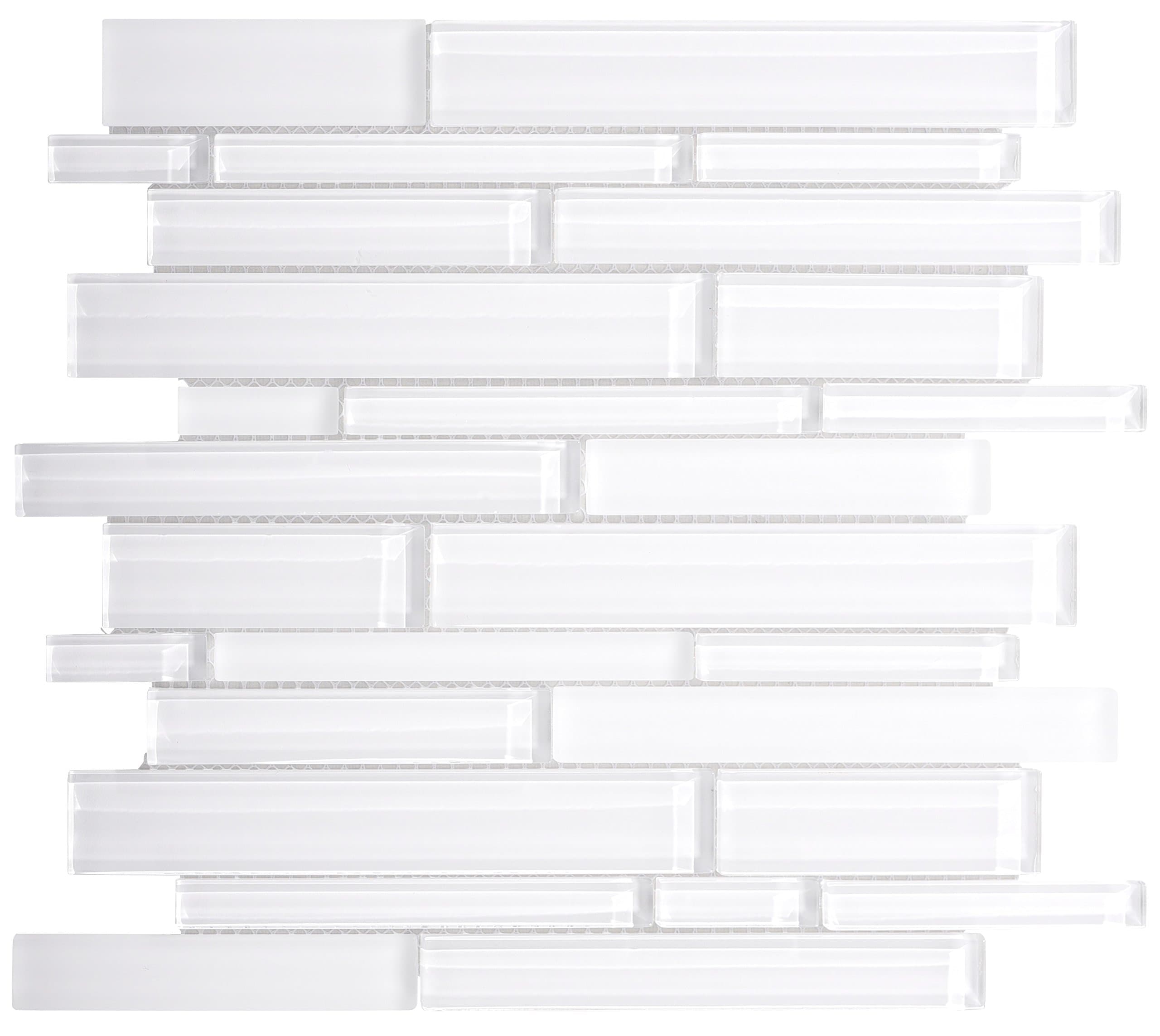 WS Tiles: Interlocking Random White Glass, Backsplash, Mesh-Mounted Mosaic Tile for Kitchen & Bathroom - 12 in x 12 in x 8mm Sheet