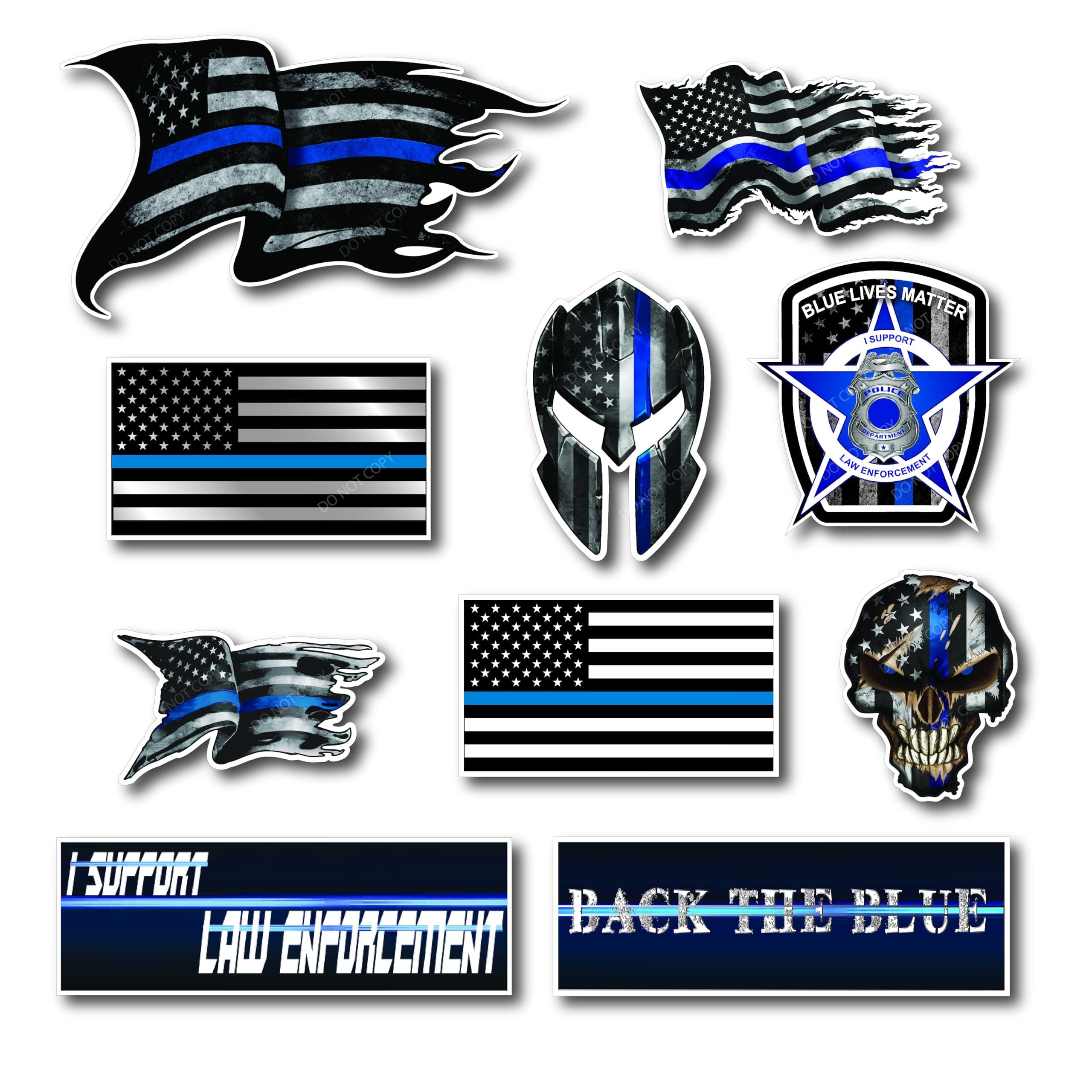 Small Mega Variety Pack of Thin Blue Line Skull Police Officer Blue Lives Matter American Flag Vinyl Decal Sticker Car Truck BLM(10 Pack)