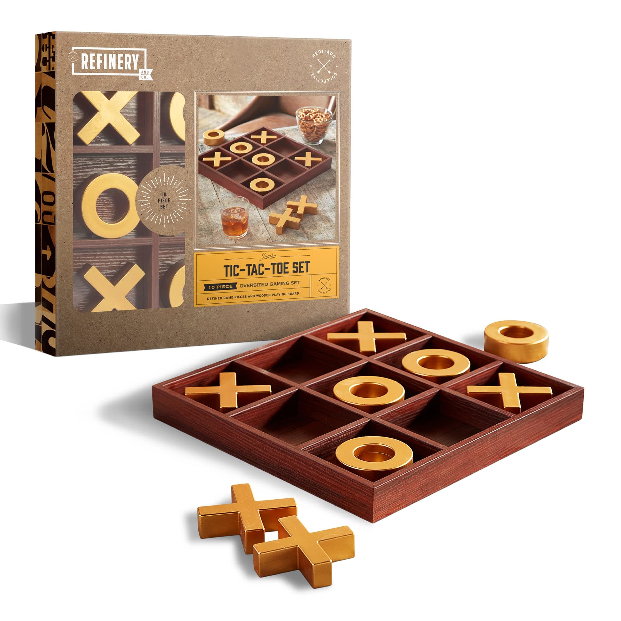 Premium Solid Wood Tic-Tac-Toe Board Game, Giant Gold 14” Coffee Table Home Decor, Classic Indoor/Outdoor Party Game for Children & Adults