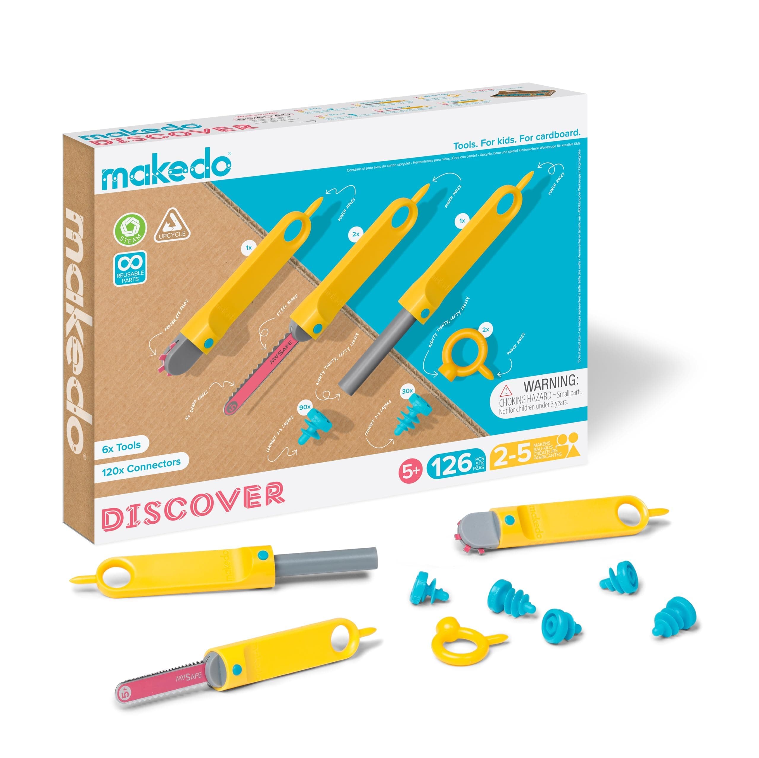 Makedo Discover Recycled Cardboard Tool Box in Small Tool Box (126 Pieces) STEM and STEAM Learning Toy for Home and School