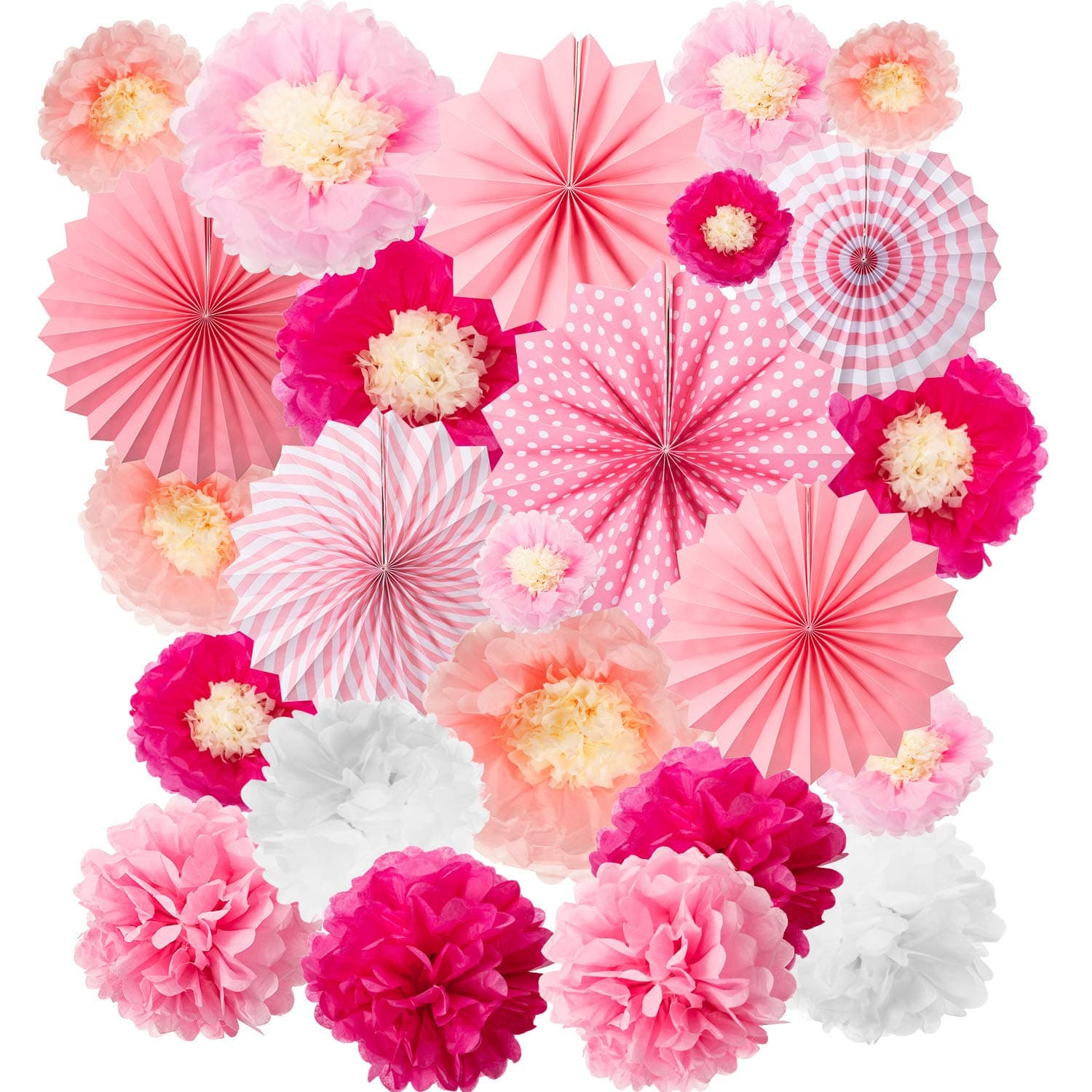 WILLBOND 24 Pcs Valentine's Day Paper Fans Decoration Set Including 12 Tissue Flowers 6 Hanging Fans Garlands Decoration 6 Paper Poms Ball Decor Flowers Kit for Wall Wedding Birthday(Rose Pink)