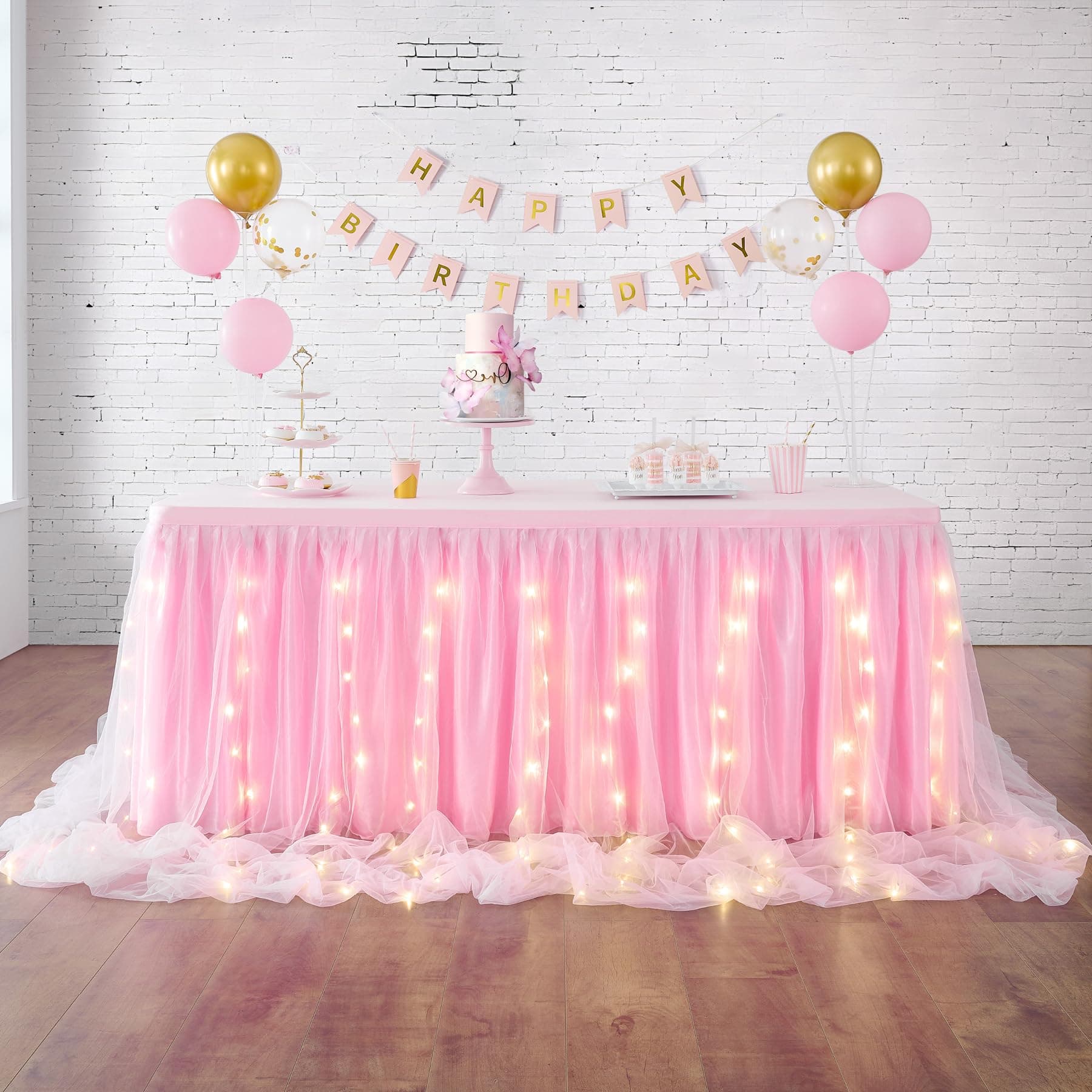leegleri Pink Tulle Table Skirt for Baby Shower,6FT Pink Ruffle Tutu Table Skirt with LED Light for Princess Girls Birthday Party Cake Dessert Table Decorations