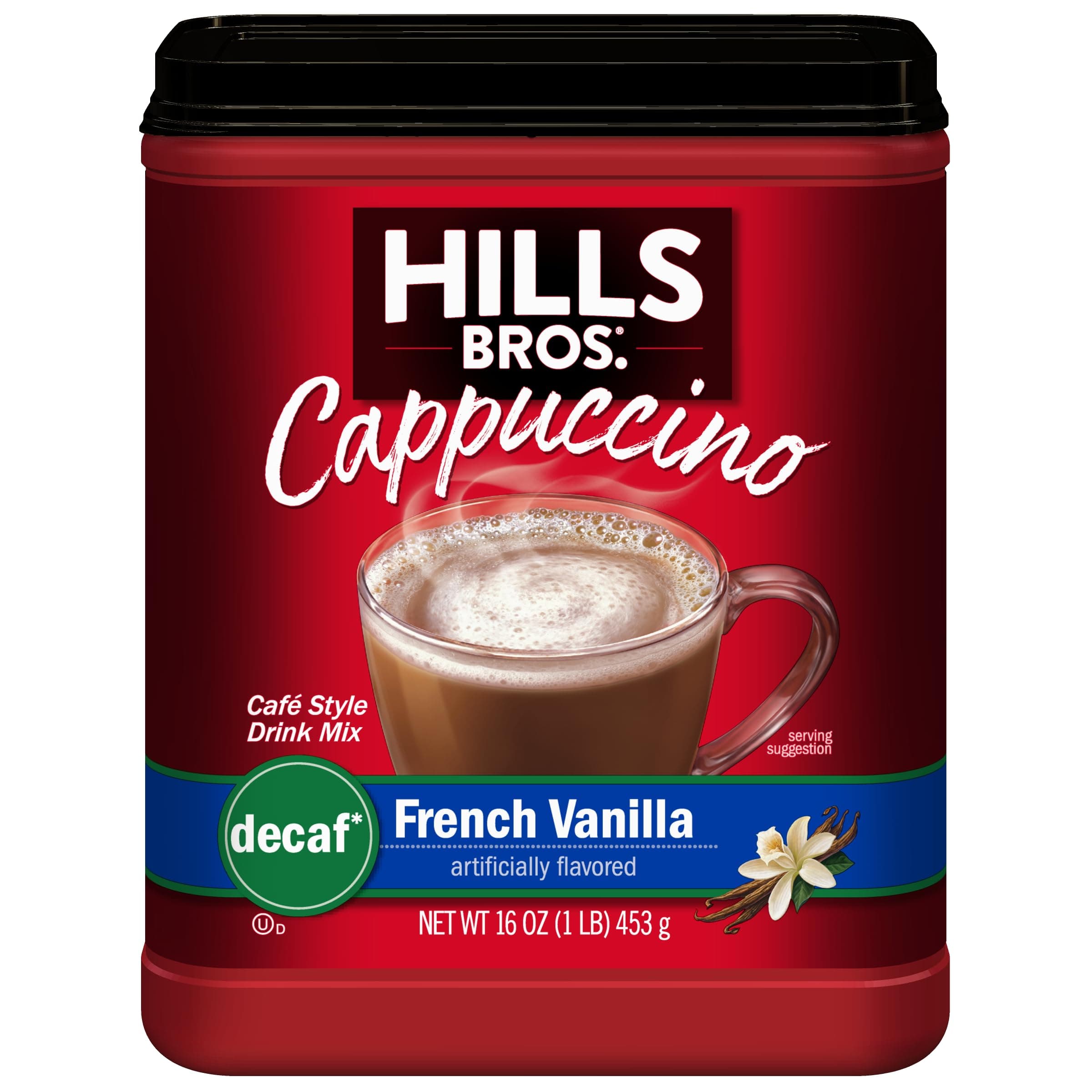 Hills Bros. Instant Cappuccino Mix, Decaf French Vanilla Cappuccino–Easy to Use, Enjoy Coffeehouse Flavor at Home-Decadent Cappuccino with Sweet Notes and No Caffeine (16 Ounces)