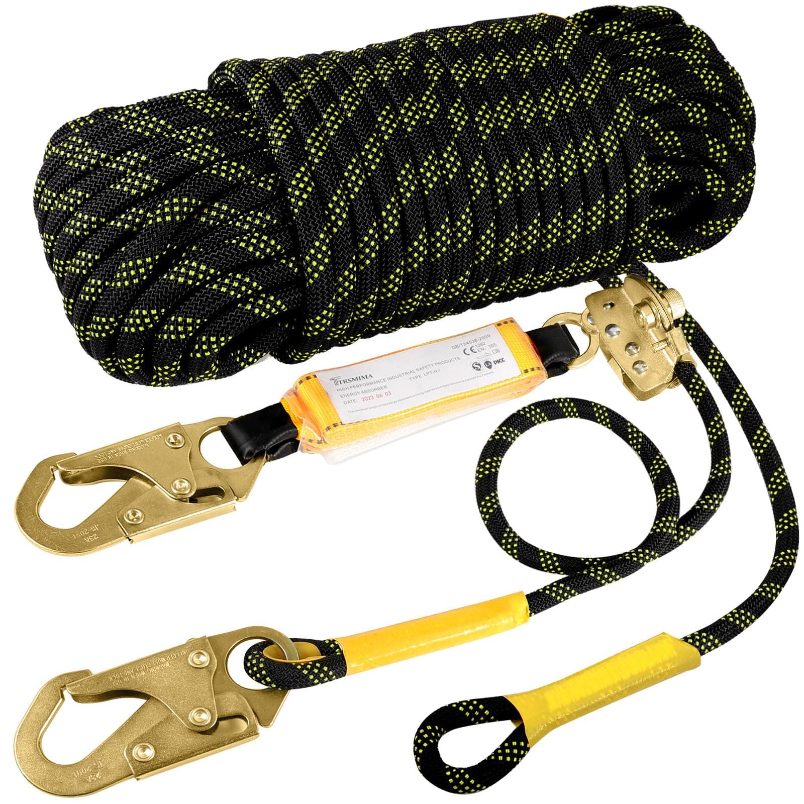 TRSMIMA Rope Harness Safety Lanyard:50ft Vertical Roofing Rope with Grab Snap Hooks Shock Absorber - Fall Protection Tree Climbing Line Kit Heavy Duty Roof Safety Equipment ANSI CE