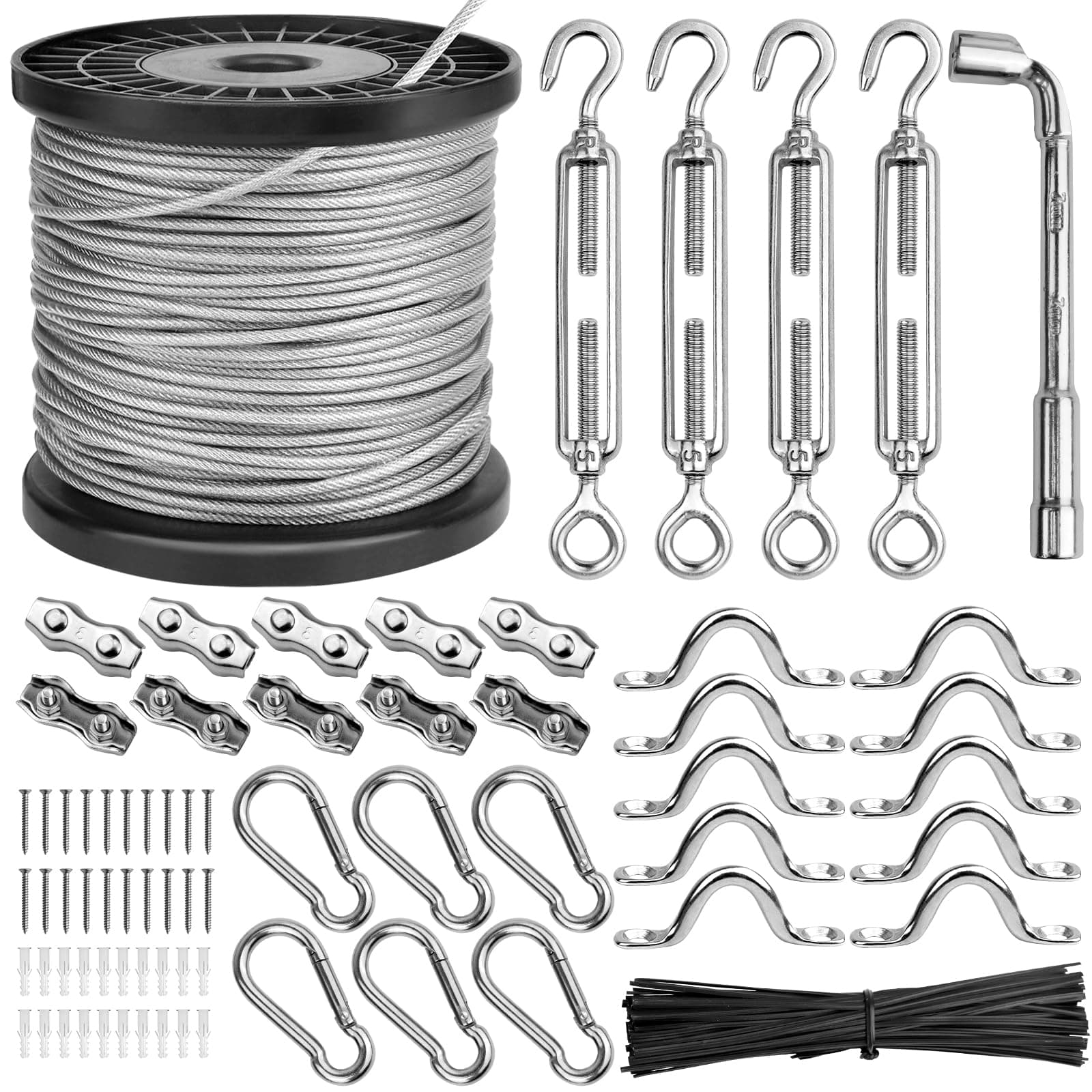 String Light Hanging Kit, Guide Wire for Outdoor String Lights, Vinyl Coated Rope Cable Outdoor Light, Include 182fts 304 Stainless Steel Wire Cable, Turnbuckle and Hooks
