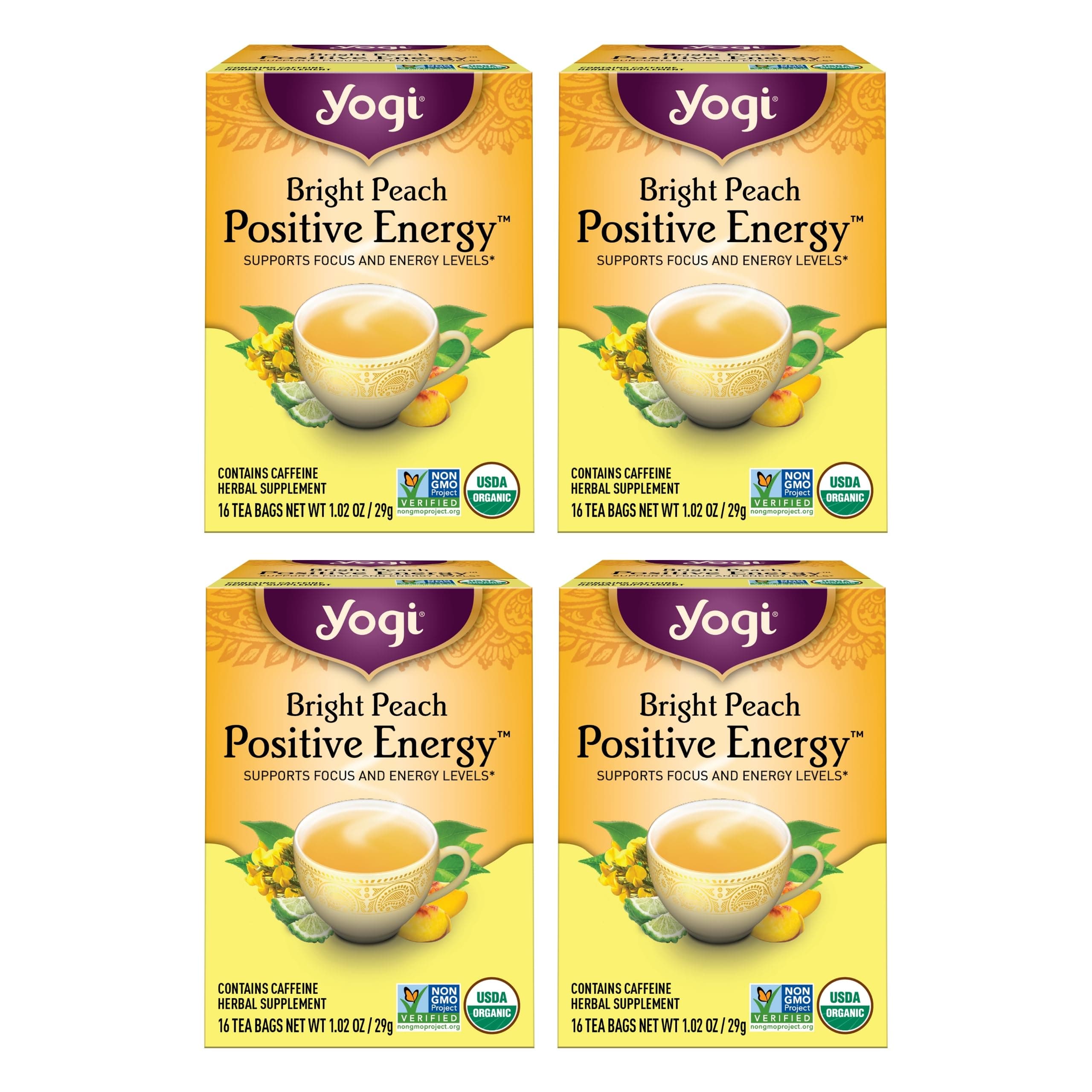 Yogi Tea - Peach Bergamot Bright Day Tea (4 Pack) - Supports Elevated Mood and Energy Levels - With Oolong and Green Tea Extract - Contains Caffeine - 64 Organic Tea Bags