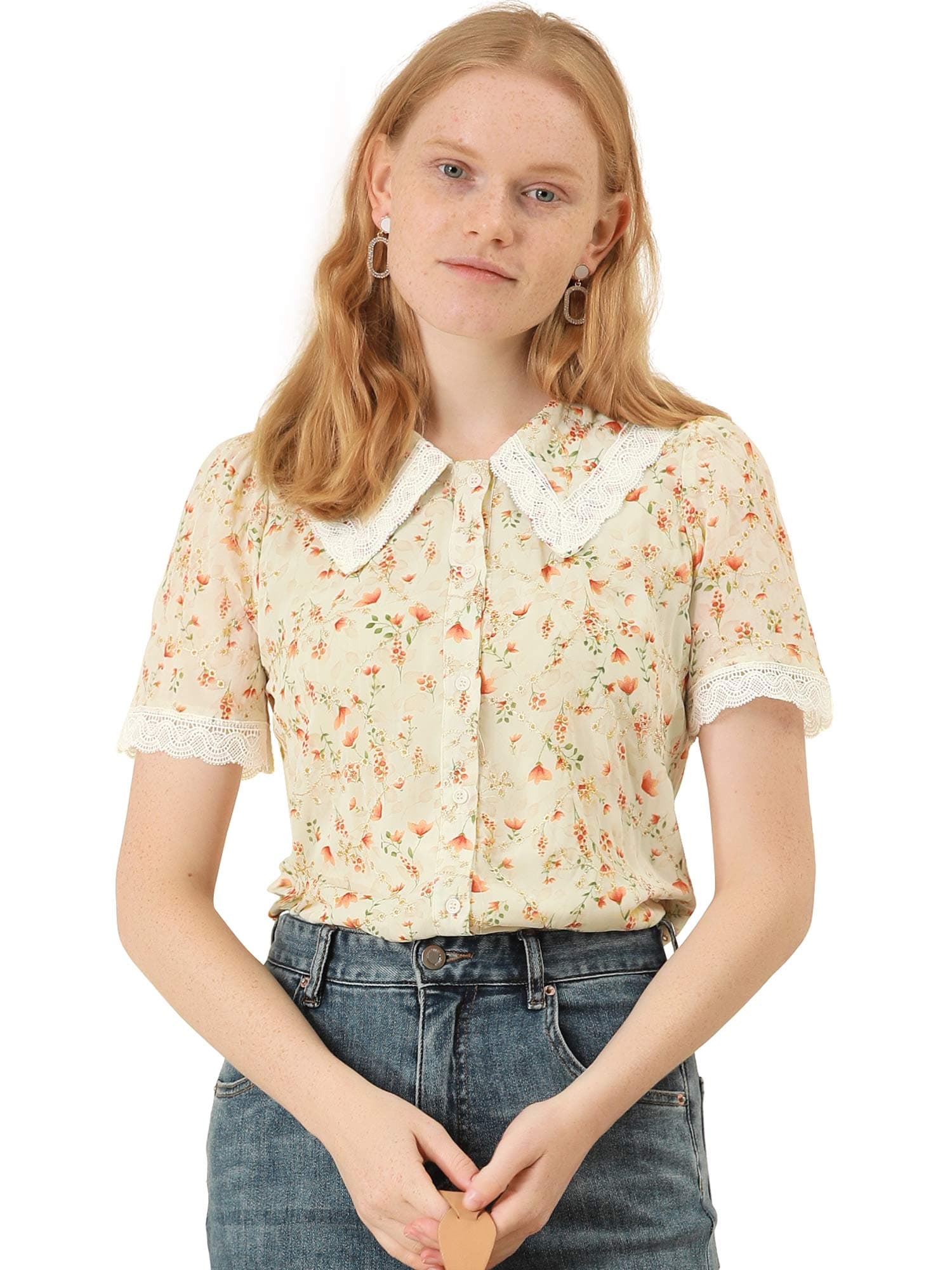 Allegra KWomen's Peter Pan Collar Shirt Lace Trim Floral Embroidered 1940s Peasant Blouse