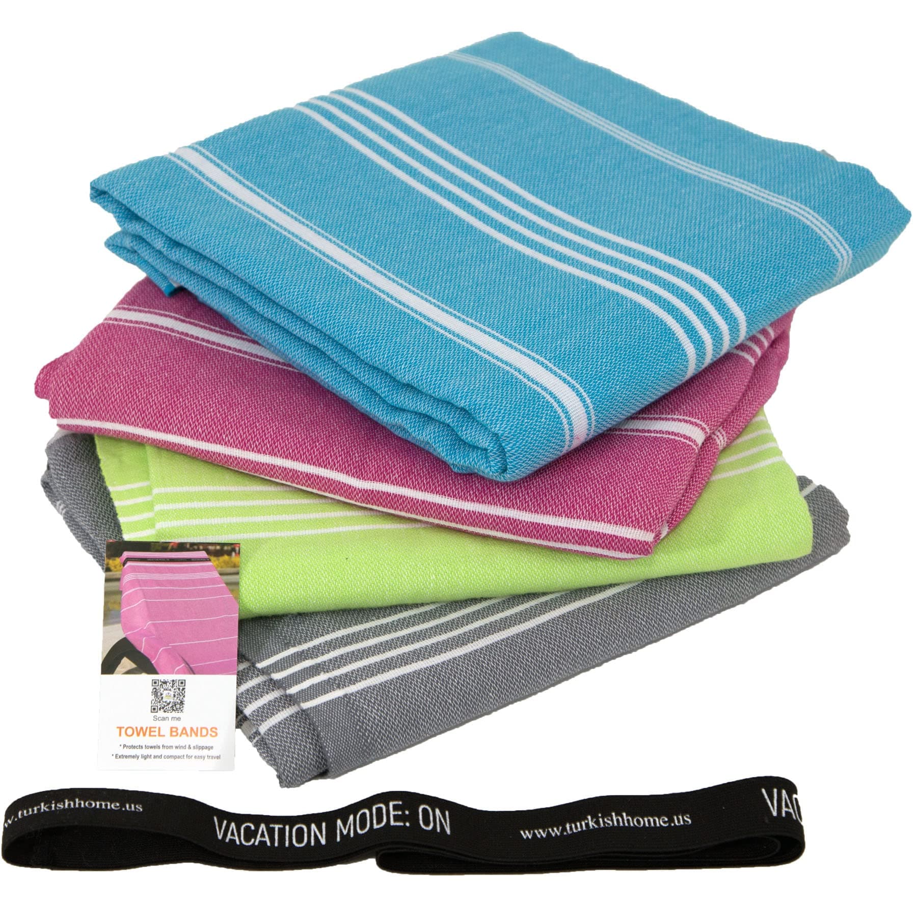 Clotho 4 Pack Turkish Beach Towel Set with Chair Bands - 100% Cotton 39x70 Oversized Pool Towels - Made in Turkey, Soft, Absorbent, Sand Free, Fast Drying for Swimming Bundle Set of 4