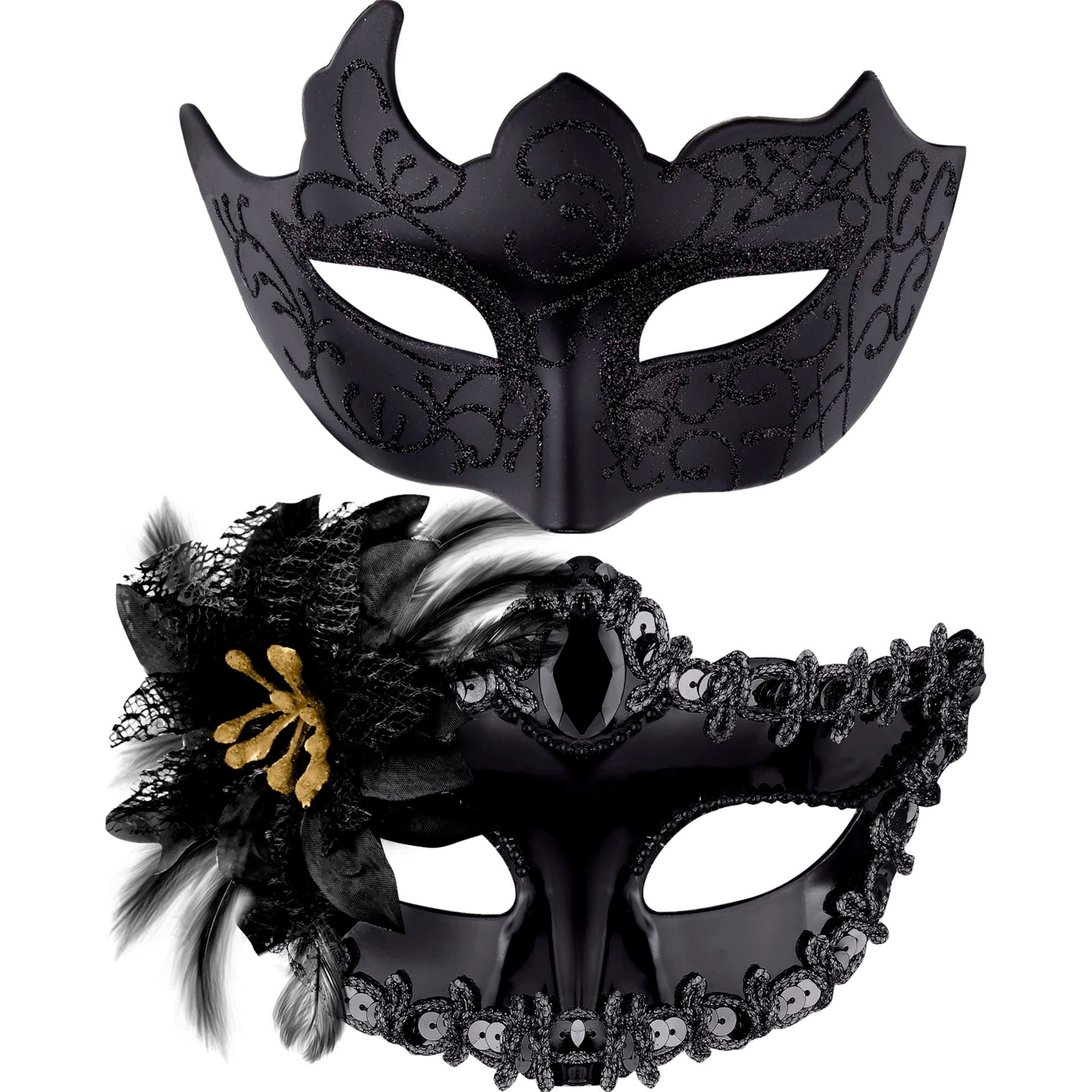 SIQUK Couple Masquerade Masks Plastic Venetian Party Mask Lace Halloween Costume Mask Rhinestone Mardi Gras Mask for Couples Women and Men, Black