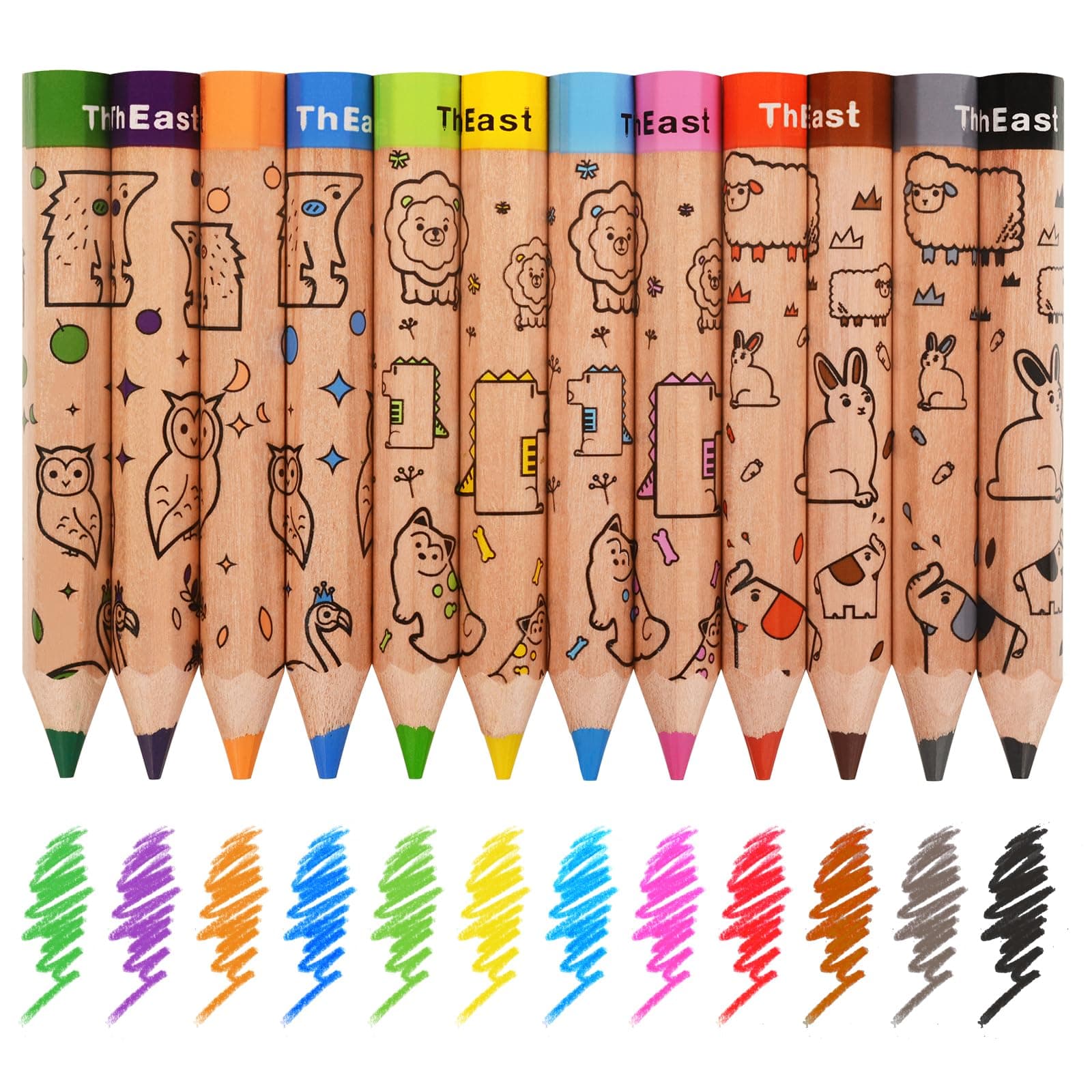 ThEast 12 Short Colored Pencils for Kids, Cute Animal Toddlers Crayons Color Pencil with Sharpener, Preschool Party Favors, Pre-Sharpened(Pack of 1)