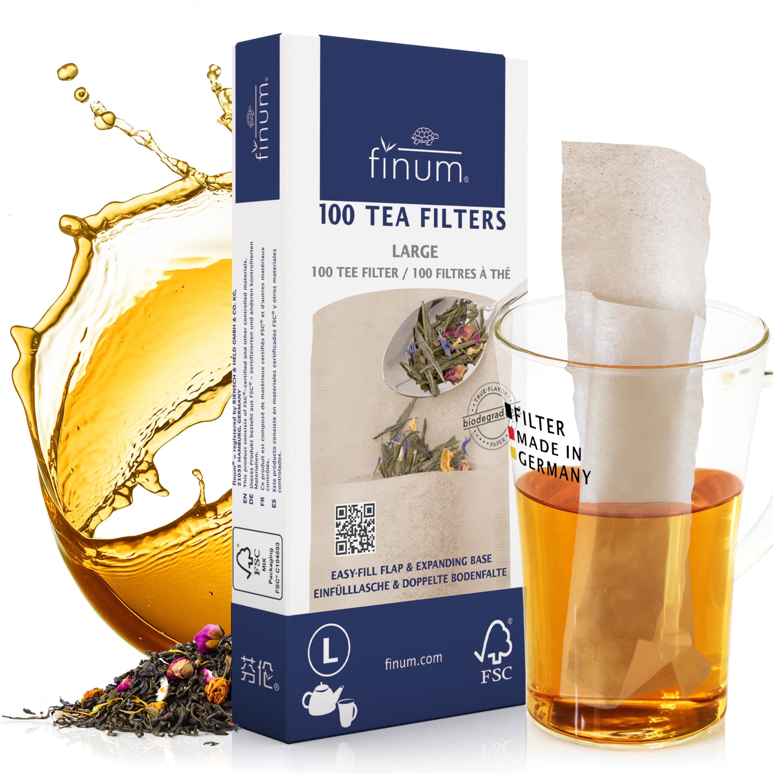 Finum Disposable Paper Tea Filter Bags for Loose Tea, Brown, Large, 100 Count
