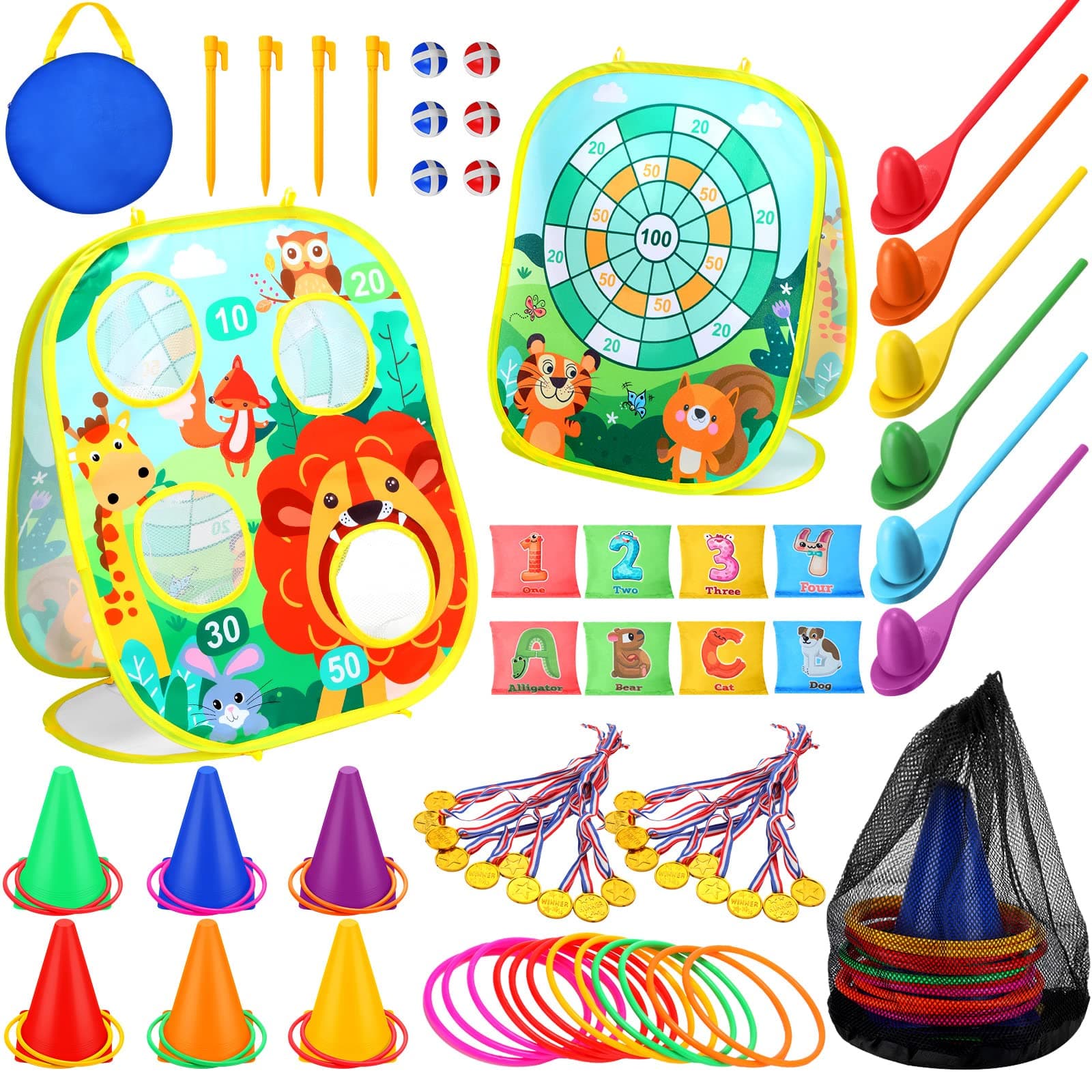 3 Packs Carnival Outdoor Games and 12 Plastic Winner Award Medals, Includes Animal Bean Bag Toss Game Plastic Cones Bean Bags Ring Toss Game Egg and Spoon Race Game for Toddlers Parties Birthday Xmas