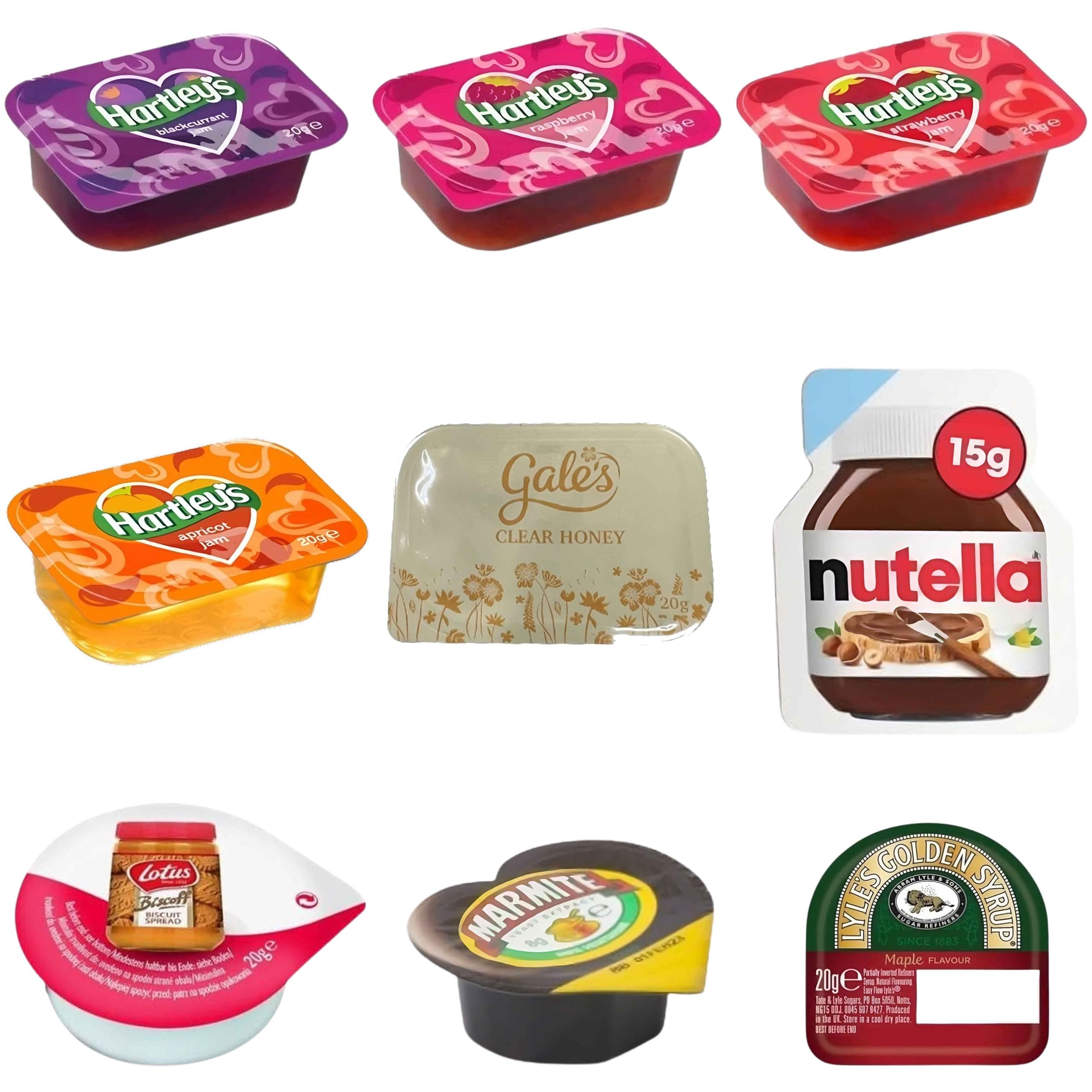 Hartleys, Lyles Golden, Marmite, Nutella, Lotus & Gales Assorted Jam Pack Pick N Mix with 6+ Flavours | Blackcurrant Jam, Strawberry Jam, Clear Honey | Gift Set for Jam Lovers Pack 50 (10 of each)