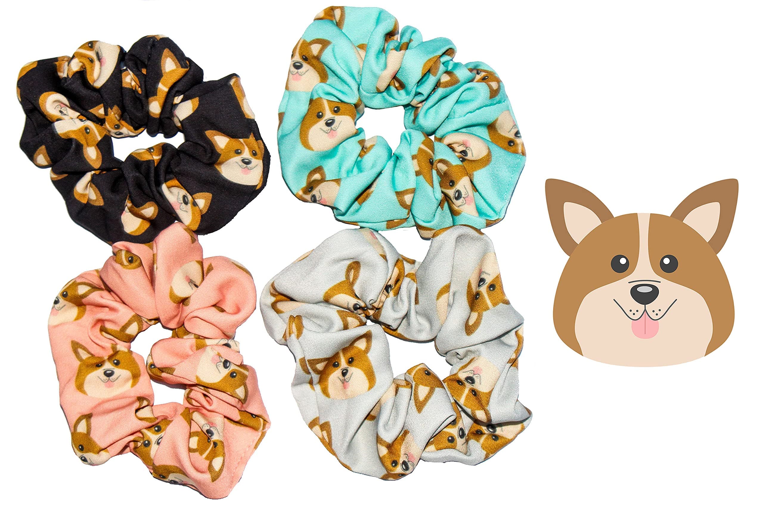 Happie Hare Scrunchies - Cotton Rounds Elastic Hair Bands - Scrunchy Hair Ties - Girls Hair Accessories - Gifts for Women (4 Pack, Mix Colors, Corgi)