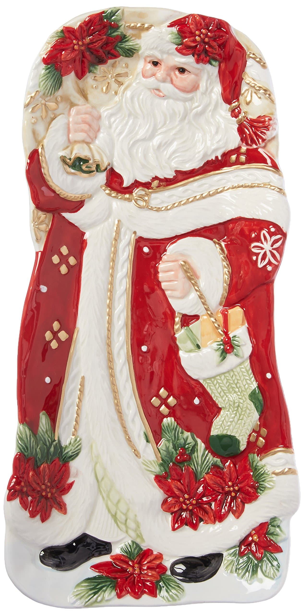 Fitz and Floyd Poinsettia Santa Elongated Serving tray, Red White