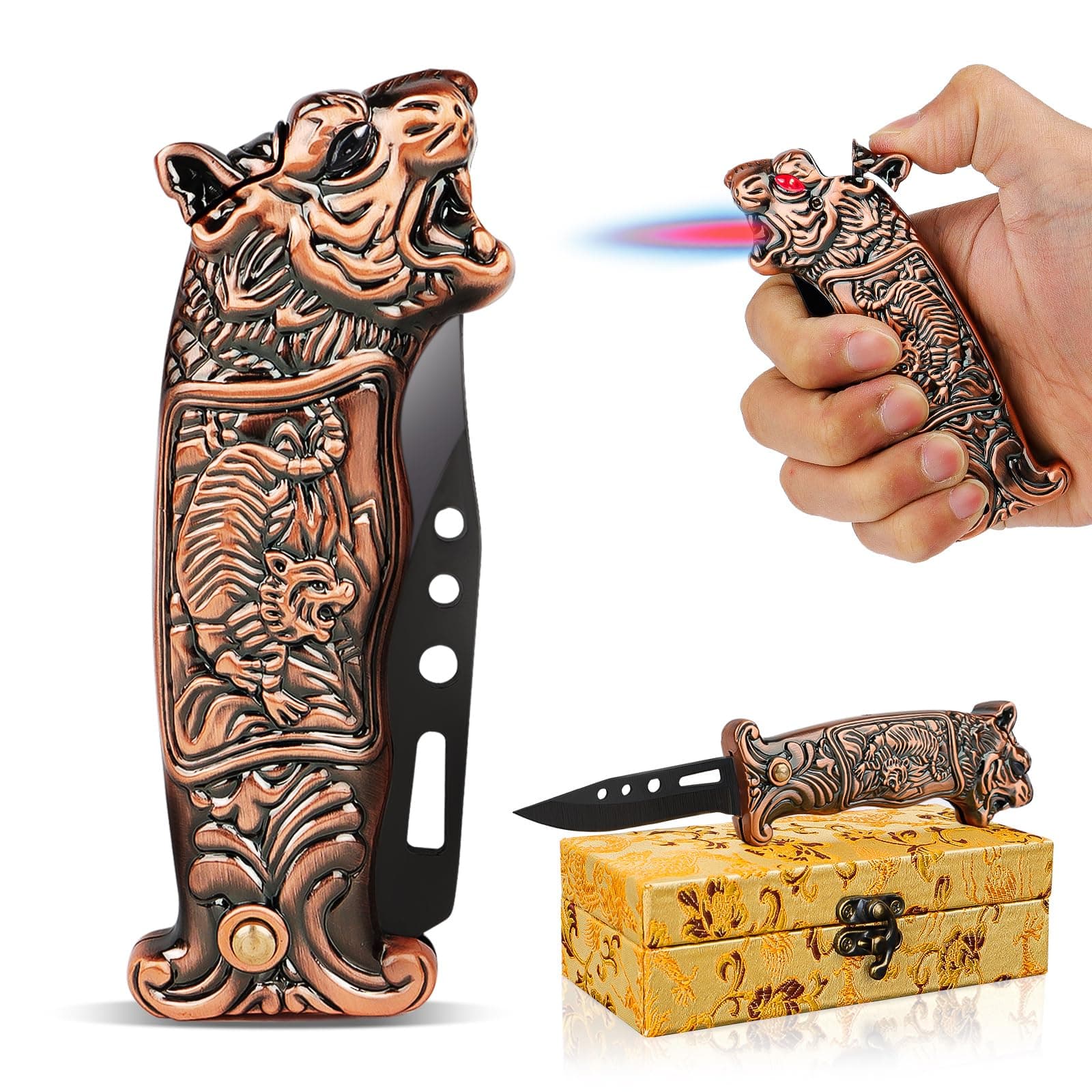 Jet Torch Tiger Lighter with Black One-Click Ejection Knife, Butane Refillable Cool Cigar Lighter, Unique Festival Gifts, Windproof Metal Lighters for Smoking, Candles, Camping Equipment, Outdoors